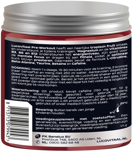 Achterkant van de pot met ingrediënten, gebruiksaanwijzing en waarschuwingen voor het Pre-Workout Tropisch Fruit supplement.