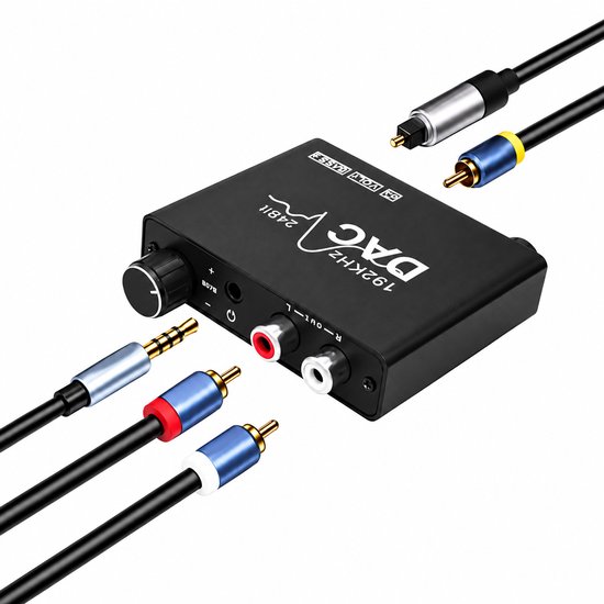 Zwarte DAC-converter met verschillende aangesloten audiokabels: optisch, RCA en 3,5 mm jack.