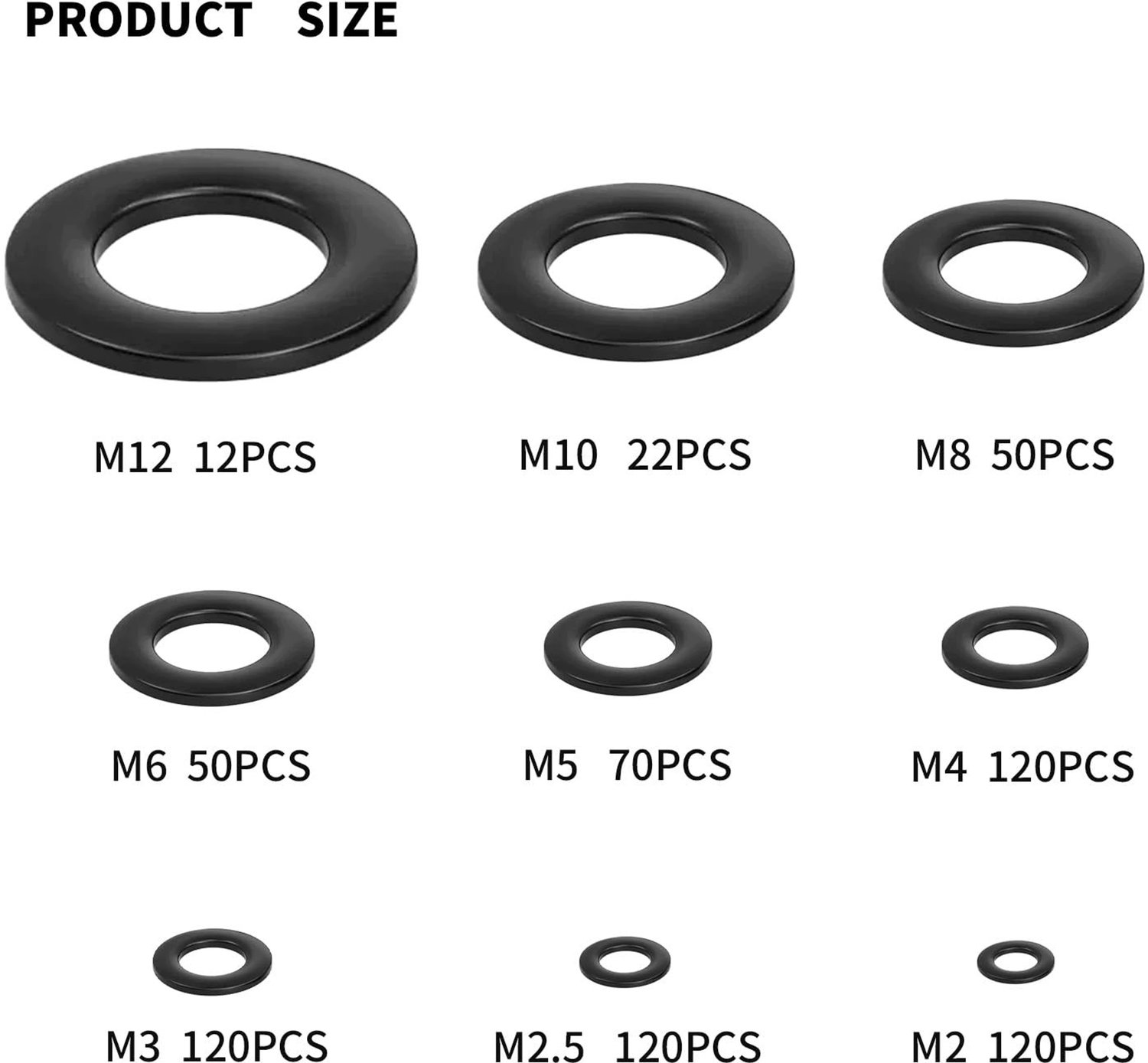 Set van 684 Platte Ringen M2-M12 Staal Zwart