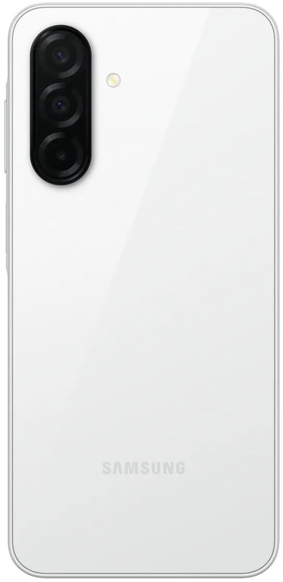 Achterkant van de witte Samsung Galaxy met een drievoudige camera en Samsung-logo.