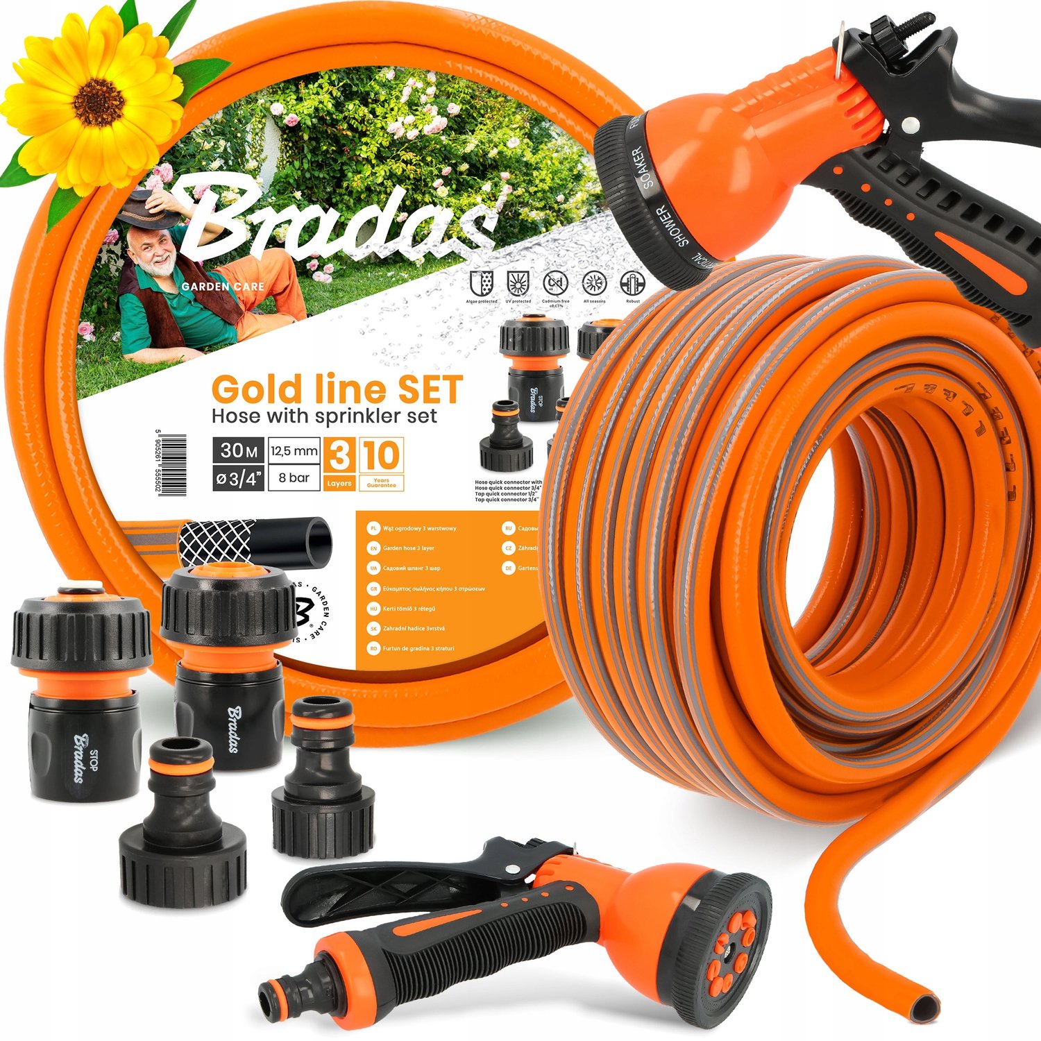 Tuinwaterslang 30m 3/4" met 8-functie sproeikop en koppelingen