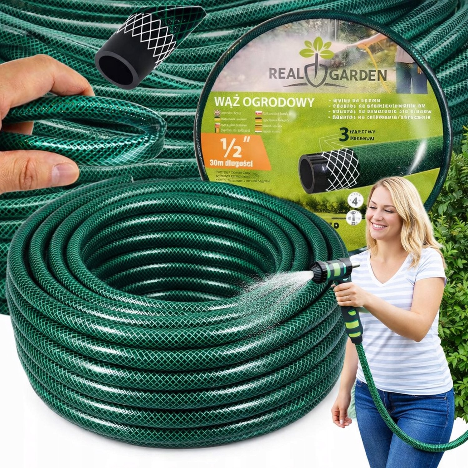 Tuinslang 30m 1/2" Groen - 3-laags PVC, UV-bestendig, sterk