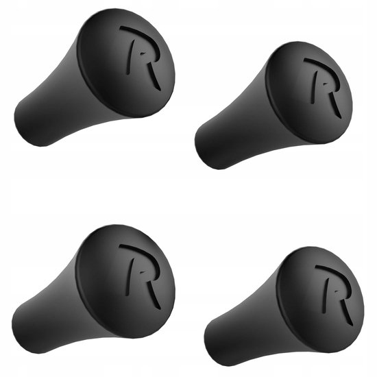 Set van vier zwarte rubberen doppen met een ingedrukt R-logo voor RAM Mounts.