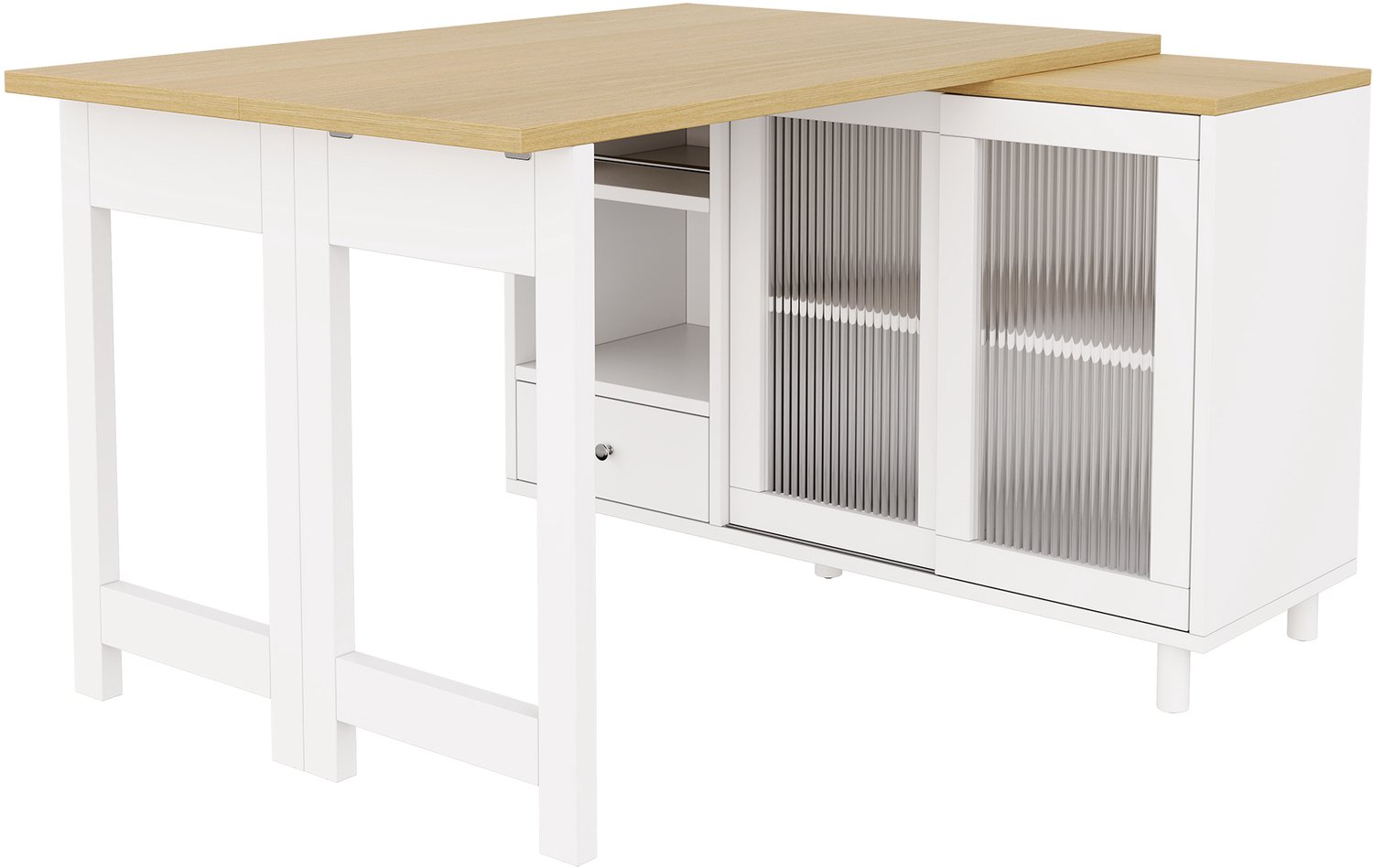 SONNENH Inklapbare eettafel met opbergkast, lade en geribbeld glas - Wit - 120 cm