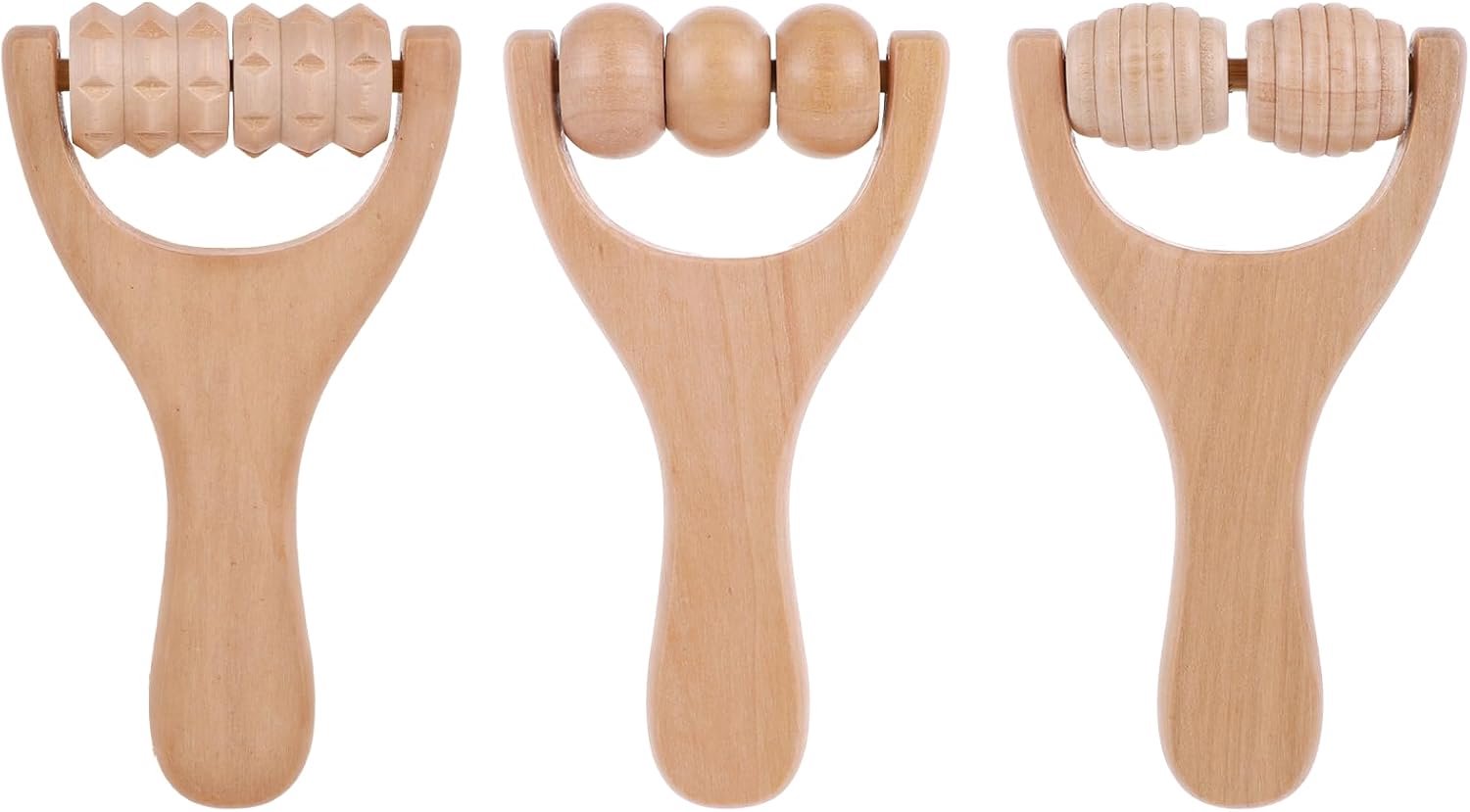 SnelShoppen - Houten Massagerol Set van 3 - Kleine Massagerol voor Gezicht en Lichaam met Handgreep - Natuurlijke Houtkleur - Ontspanning voor Rug, Be