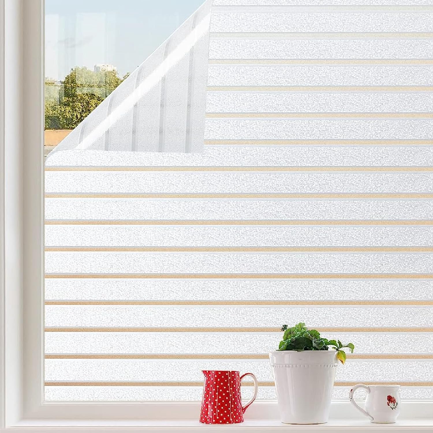 SnelShoppen - Striped Privacy Window Film 60x300cm - Zelfklevende Melkglas Folie zonder Lijm - UV Bescherming - Inclusief Squeegee, Mes & Plantenspuit