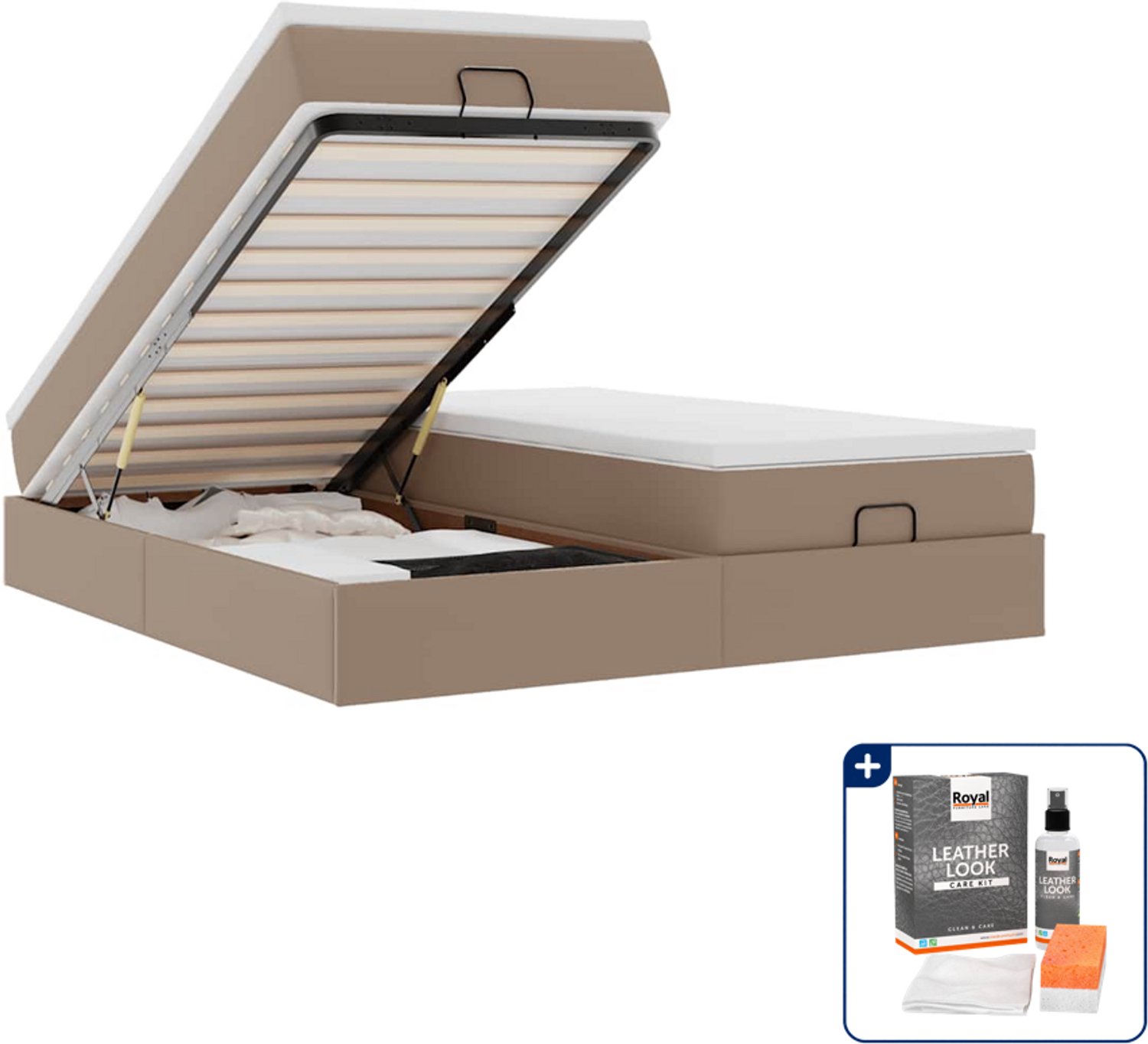 vidaXL Ottoman bed - 200 x 200 cm - kunstleer - cappuccino - Inclusief onderhoudsset voor kunstleer 150 ml Zwart