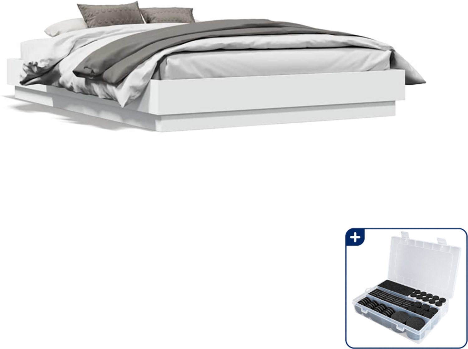 vidaXL Bedframe - 135 x 190 cm - bewerkt hout - wit - Inclusief antikrasvilt 177-delig