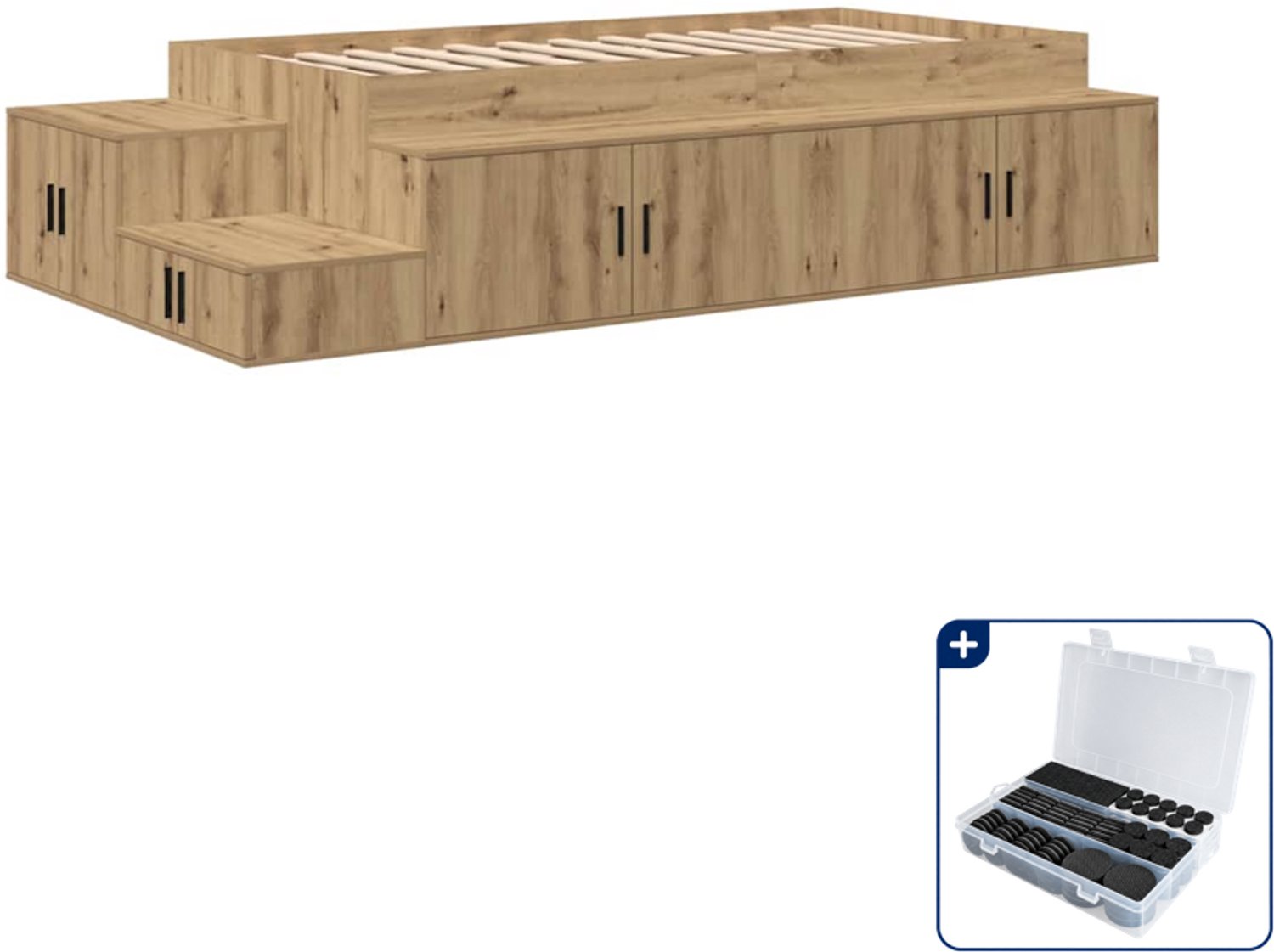 vidaXL opbergbedframe - 90 x 200 cm - bewerkt hout - artisan eiken - Inclusief antikrasvilt 177-delig Bruin