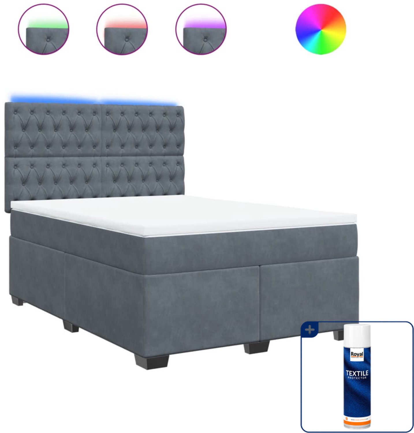 vidaXL boxspring met matras - 140 x 190 cm - fluweel - donkergrijs - Inclusief textielbeschermer 500 ml