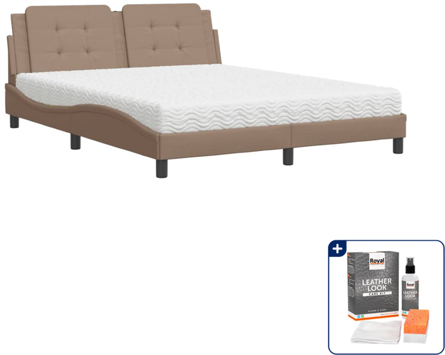 vidaXL Zadar bed met matras - Queensize - 160 x 200 cm - cappuccino - Inclusief onderhoudsset voor kunstleer 150 ml Bruin