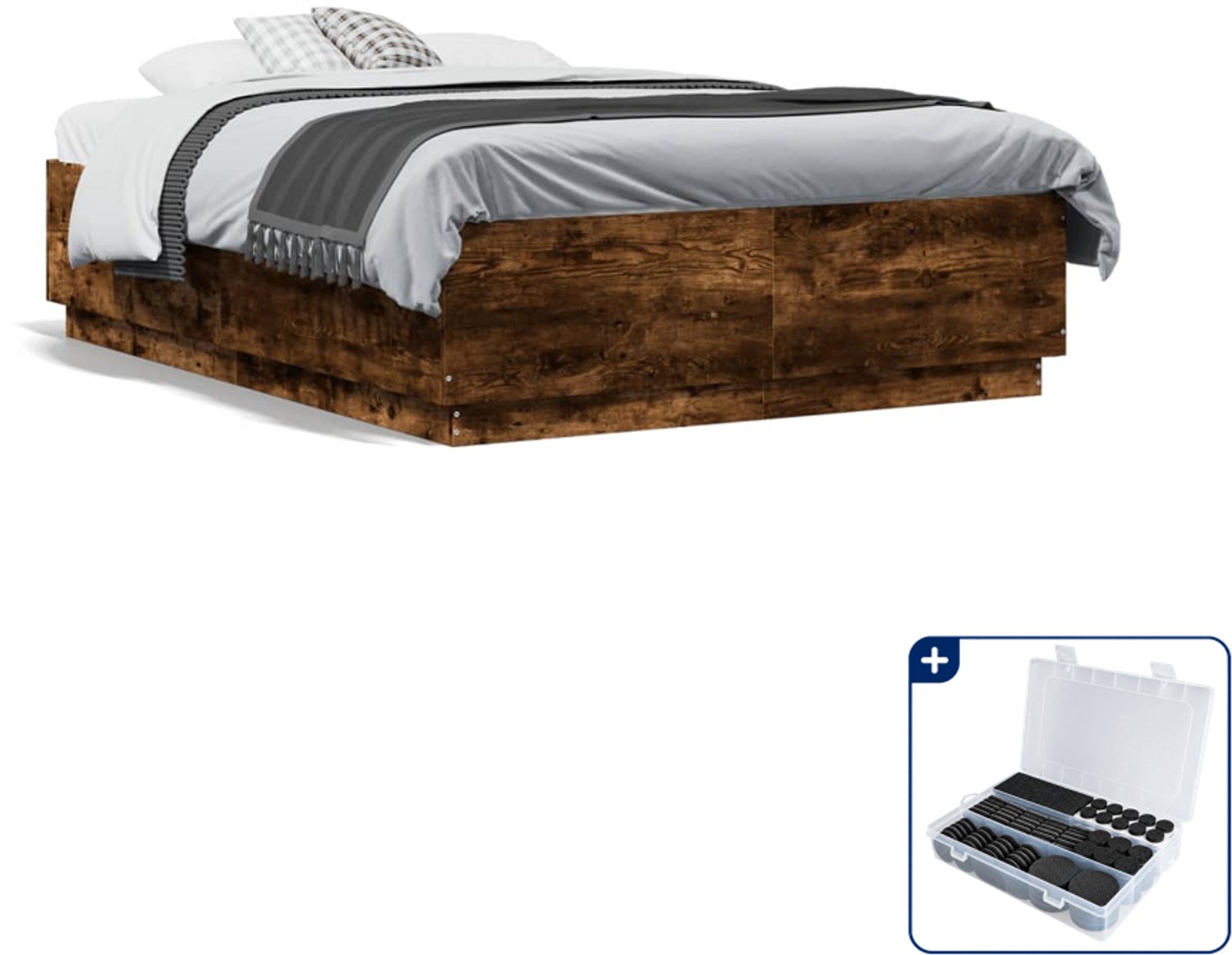 vidaXL bedframe - 135 x 190 cm - bewerkt hout - gerookt eikenkleurig - Inclusief antikrasvilt 177-delig Blauw