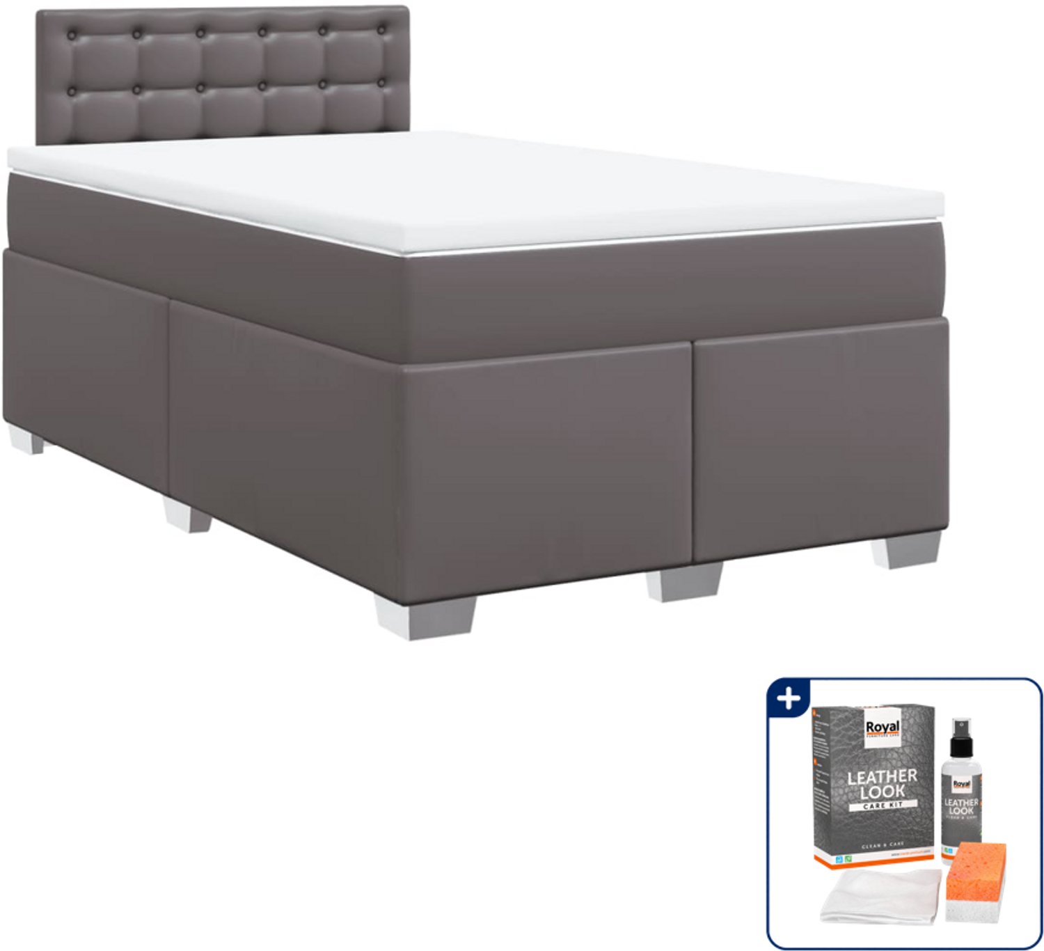 vidaXL boxspring met matras 120 x 200 cm - kunstleer - grijs - Inclusief onderhoudsset voor kunstleer 150 ml