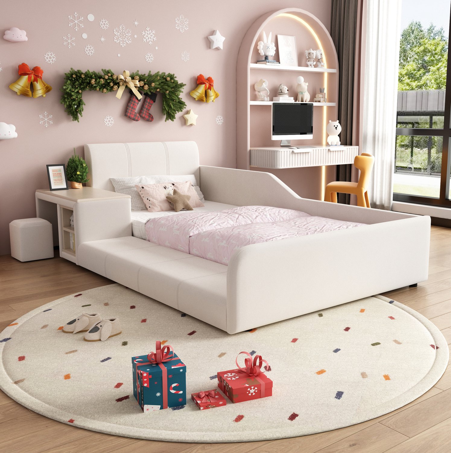 Maisentiel Gestoffeerd kinderbed 90 x 200 cm met bureau en kruk - fluweel - wit