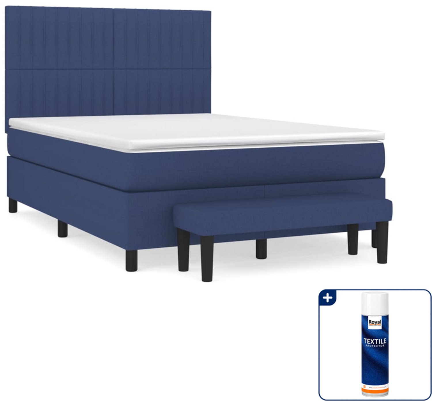 vidaXL boxspring met matras en bankje - Small double - 140x200 cm - blauw - Inclusief textielbeschermer 500 ml