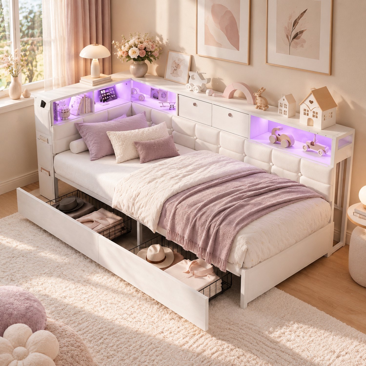 MEXUS Slaapbank 90x200 cm met lades, RGB-ledverlichting en USB-poort, L-vormig hoekbed, eenpersoons dagbed met omkeerbaar hoofdeinde voor woonkamer/studio/logeerkamer, linnen Wit
