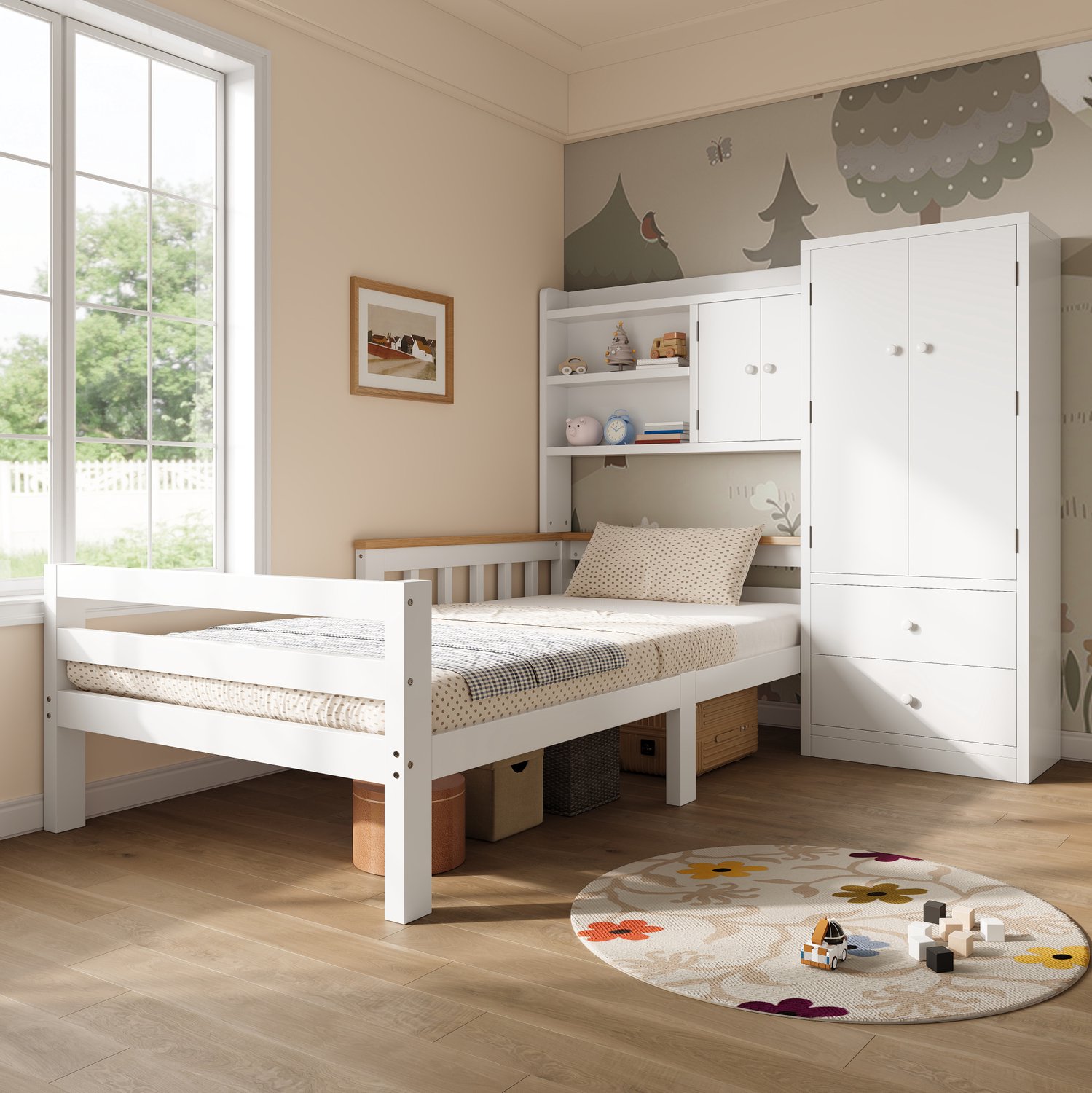 MODFU Kinderbed Met Kledingkast En Laden - Uitvalbeveiliging - Hout En MDF - Wit - 90 X 200 Cm