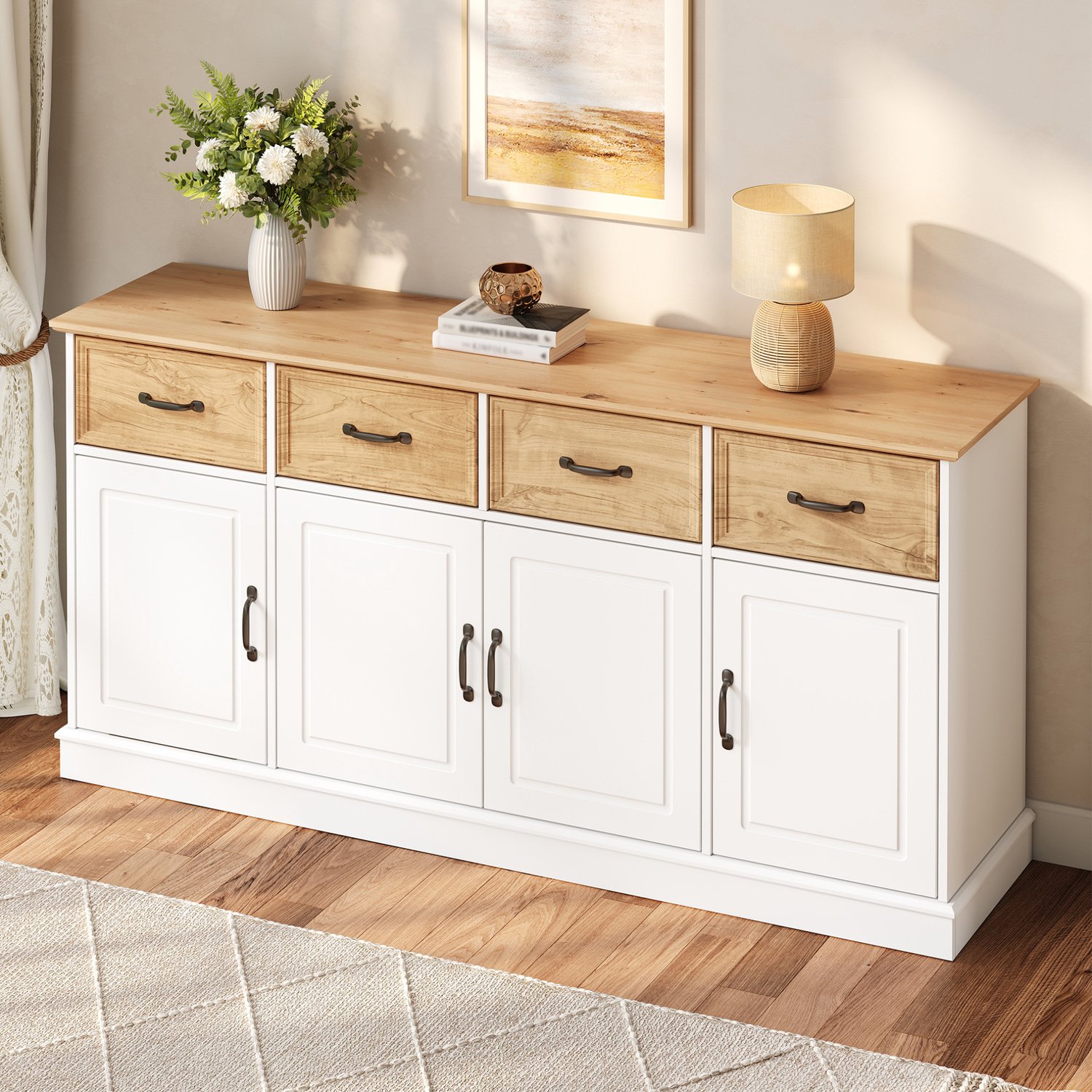 STILVORA Dressoir - 4 Laden En 4 Deuren Met Verstelbare Legplanken - Voor Woonkamer En Eetkamer - MDF En IJzer - Wit Met Houtlook - 160x40x78 Cm