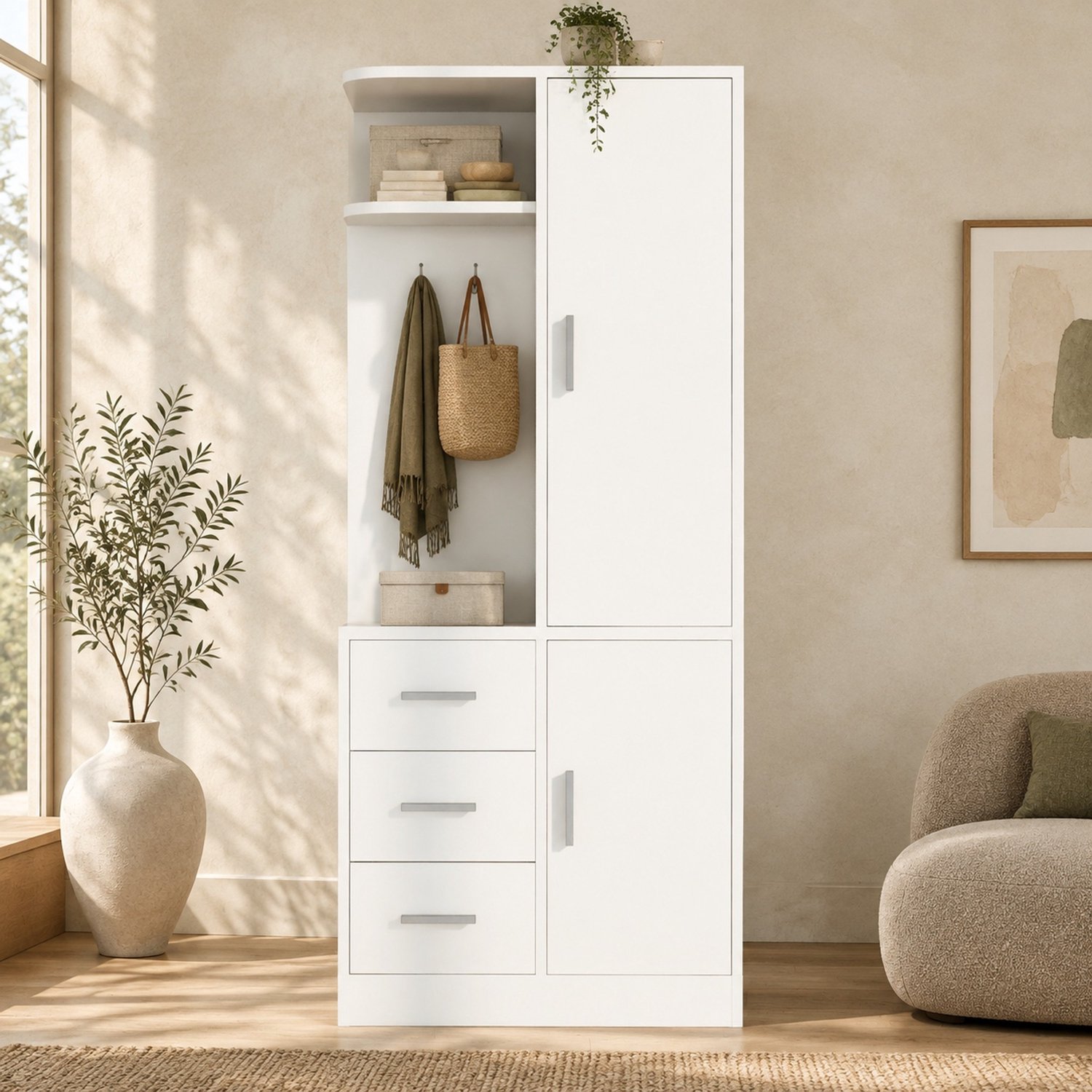 HAUSS SPOLE Kledingkast - Een Deur Met Laden En Hanggedeelte - Opbergvakken Voor Slaapkamer En Kinderkamer - Hout En Metaal - 70 x 50 x 170 cm - Wit