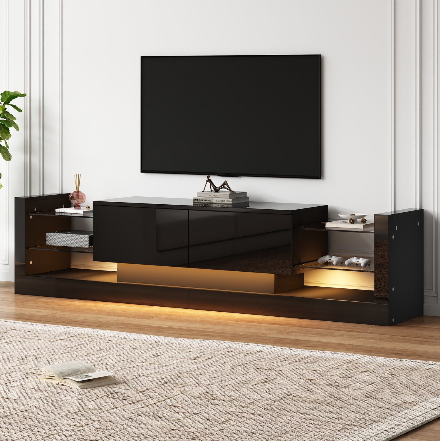 Maisentiel Tv-meubel 181 cm - zwart hoogglans - ledverlichting en 2 klapbare lades