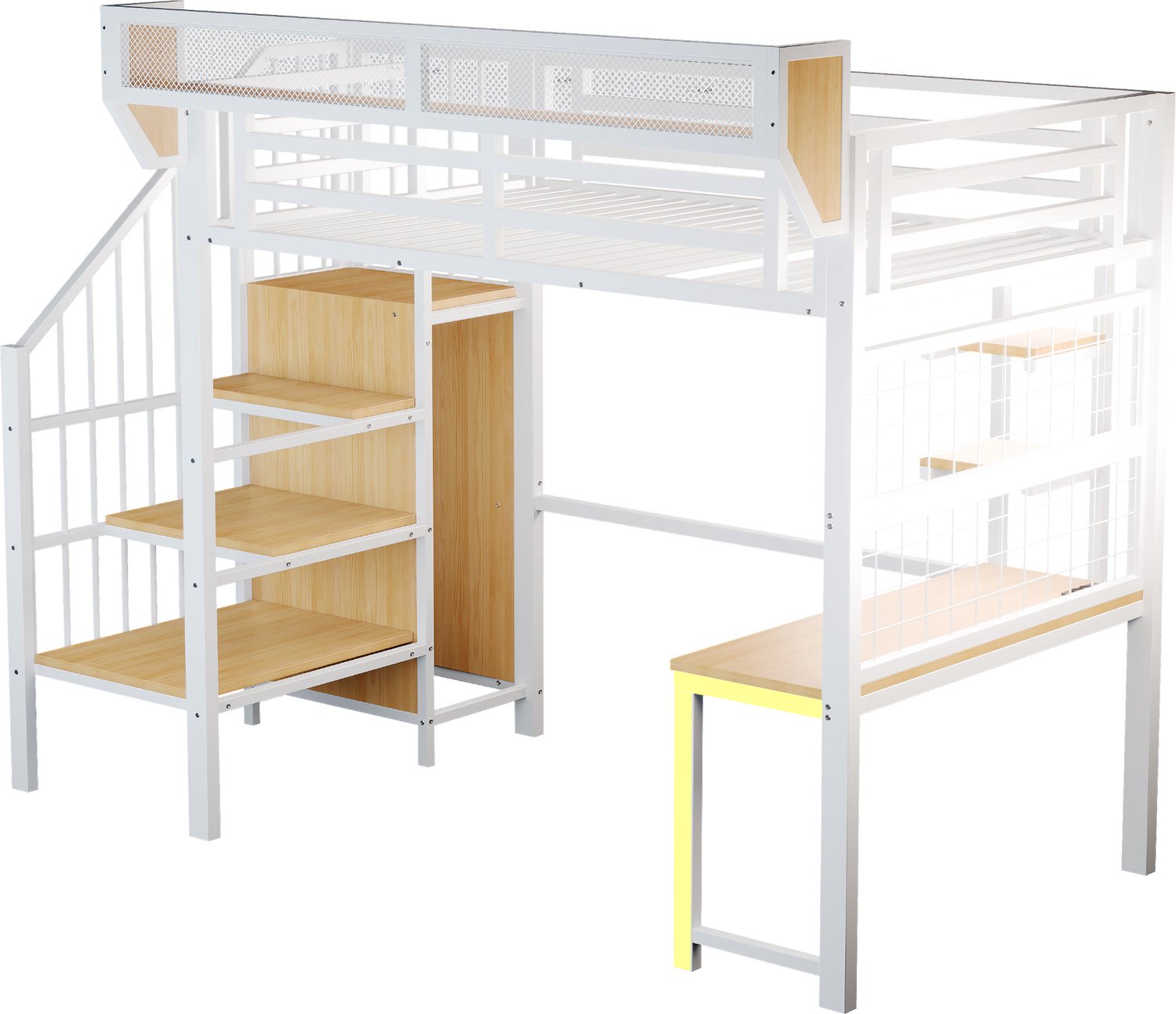 MUVANO Metalen hoogslaper 90 x 200 cm - Met bureau en opbergruimte - Veiligheidsladder en verhoogde rand - Ledverlichting en stopcontacten - Wit
