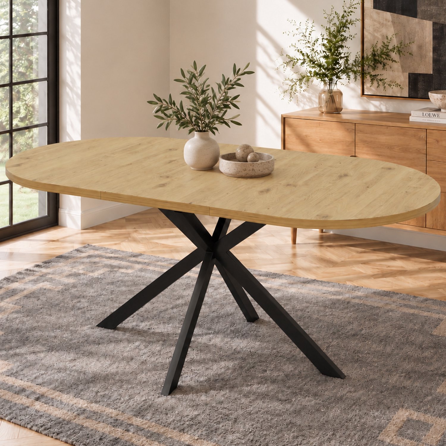 HAUSS SPOLE Eettafel - Uitschuifbaar van 120 tot 160 cm - Ovaal Tafelblad voor Eetkamer en Keuken - MDF en Metaal - 160x80x75 cm - Houtkleur