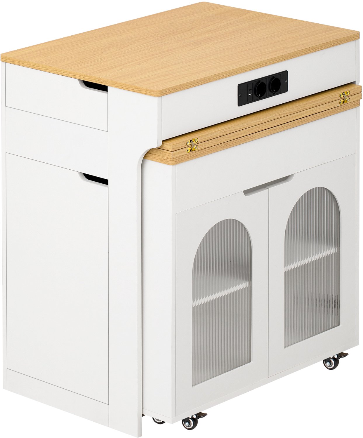 MUVANO Uitschuifbare eettafel - Wit keukeneiland op wielen - Stopcontacten en twee lades - MDF, spaanplaat en ribbelglas - 93 cm hoog - Keuken en eetkamer