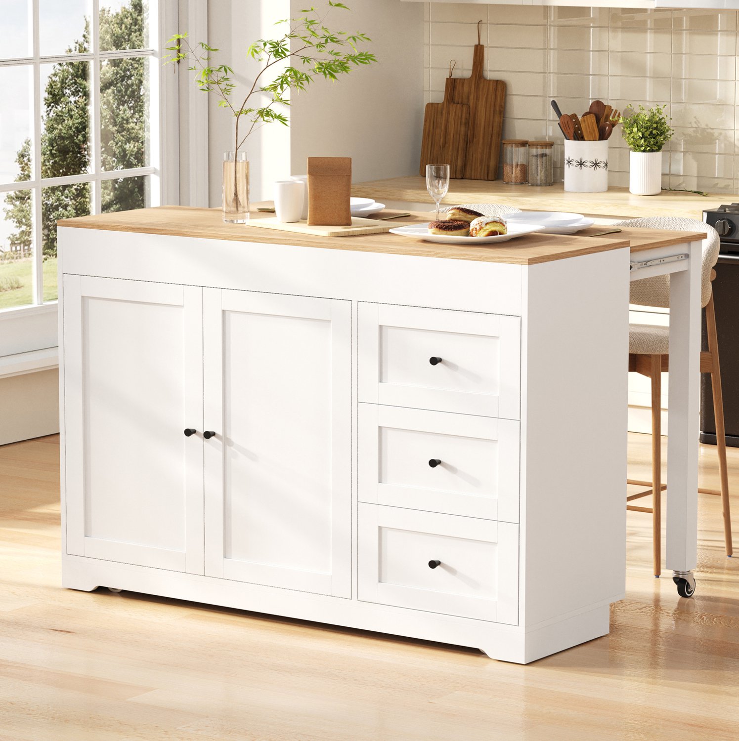 DESMIU Keukeneiland - 3 Lades en 2 Deuren met Vergrendelbare Wielen - Voor Keuken en Eethoek - MDF en Houtlook - 120x35-75x92 cm - Wit en Naturel Wit en naturel houtkleur