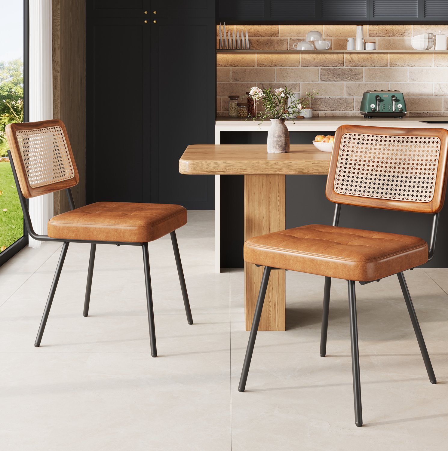 Maisentiel Eetkamerstoelen set van 2 – bruin kunstleer en rotan – 61 x 46 x 79 cm