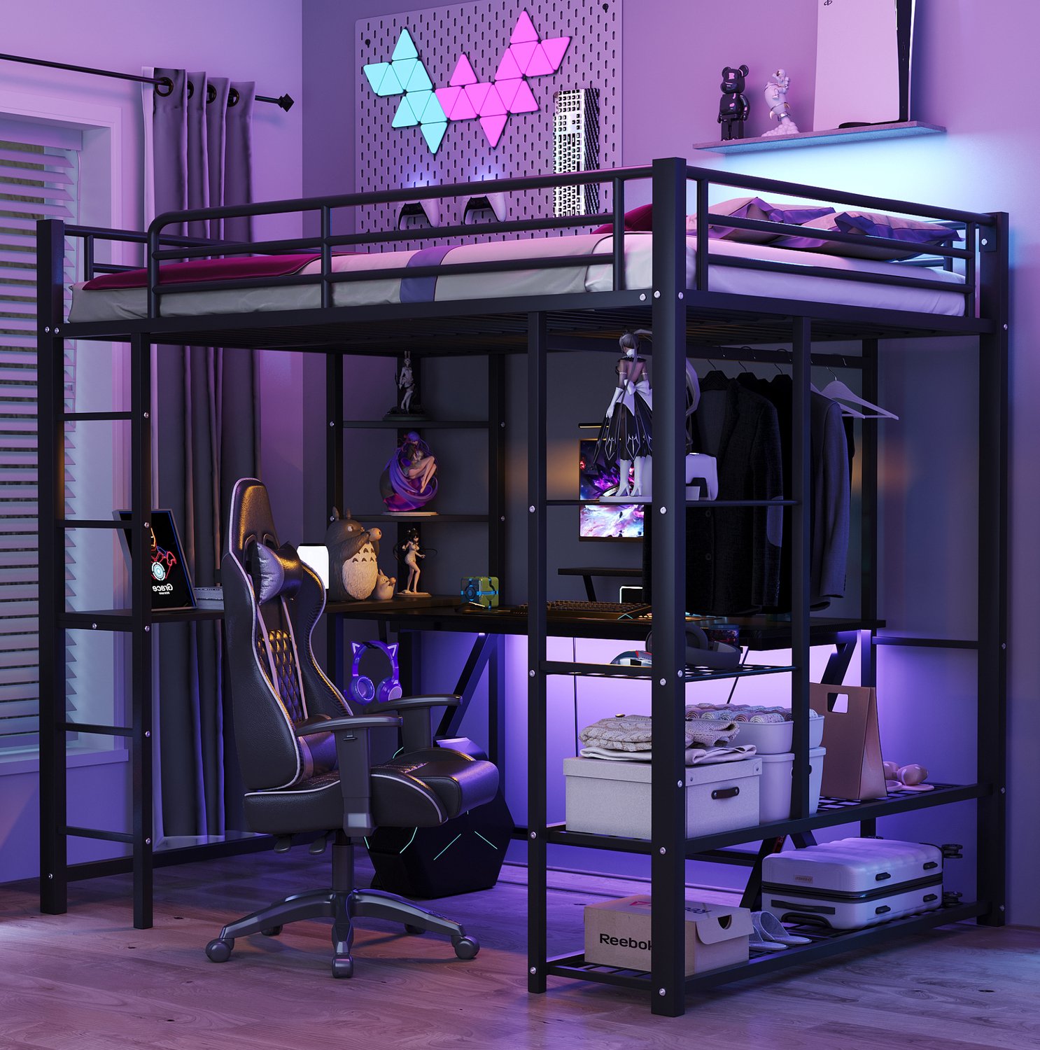 Maisentiel Metalen hoogslaper 140 x 200 cm met bureau, kledingrek en ladder - zwart