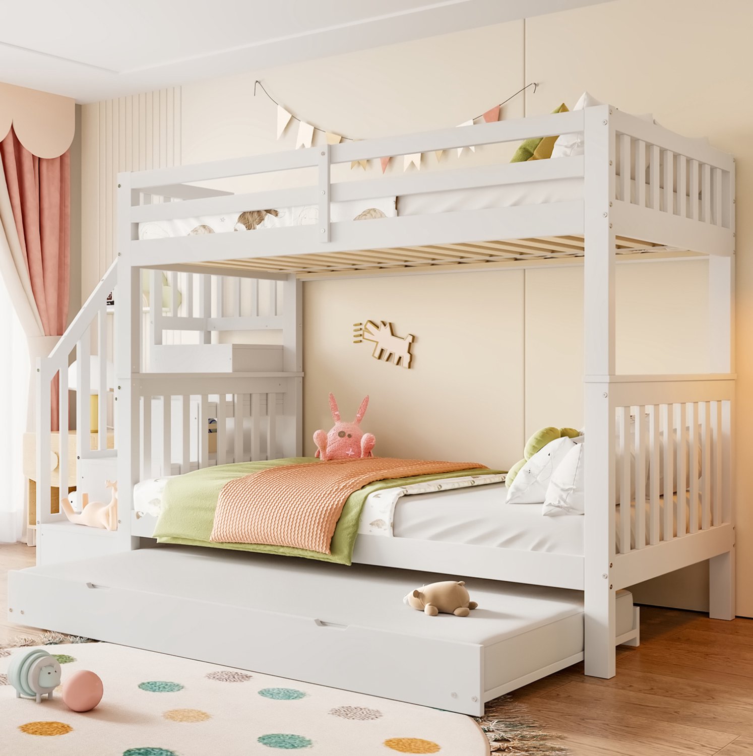 MODFU Stapelbed - Uitschuifbaar Bed - Opbergladder - Uitvalbeveiliging - Hout En MDF - Wit - 90 X 200 Cm