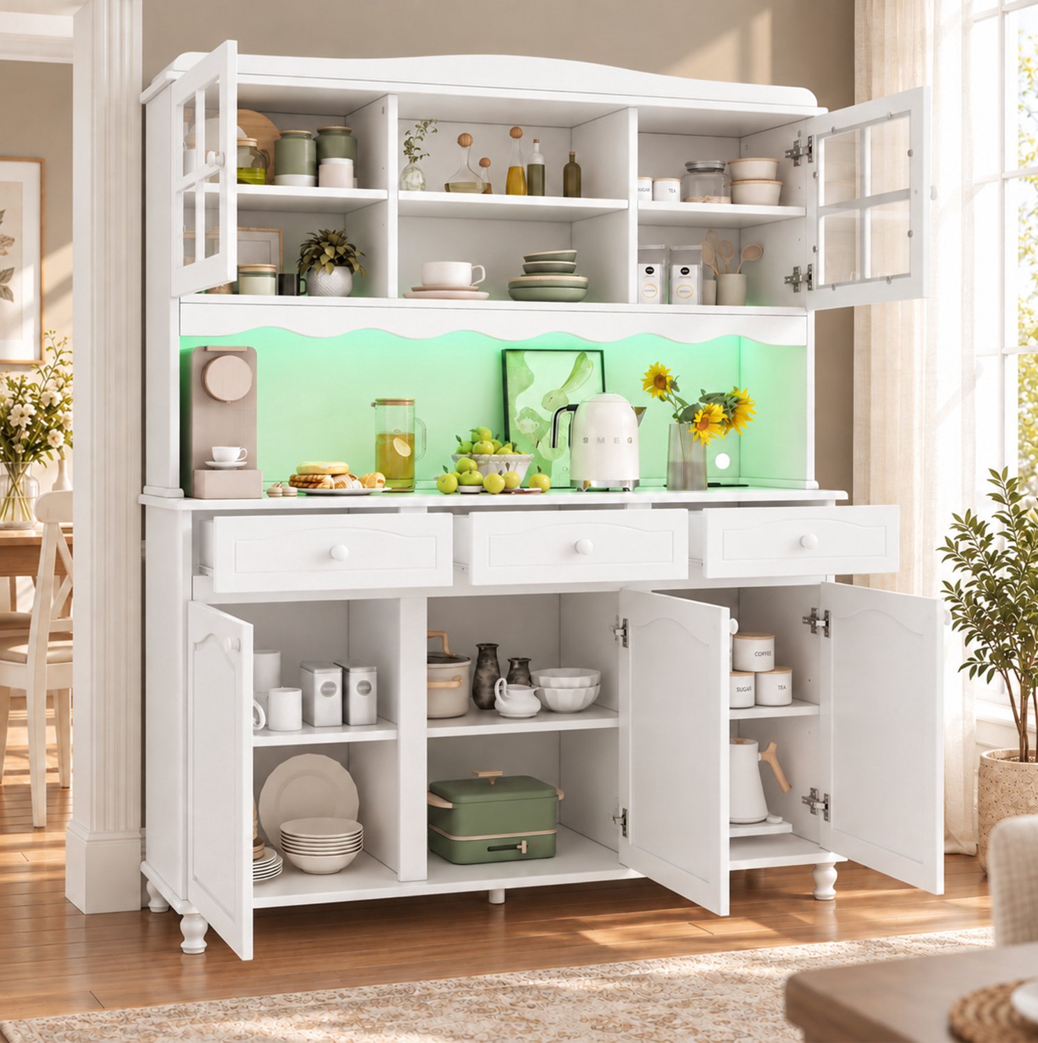 DESMIU Keukenkast - Verstelbare Legplanken, Ledverlichting en Stopcontacten - Voor Keuken en Eetkamer - Spaanplaat - 135x40x185 cm - Wit