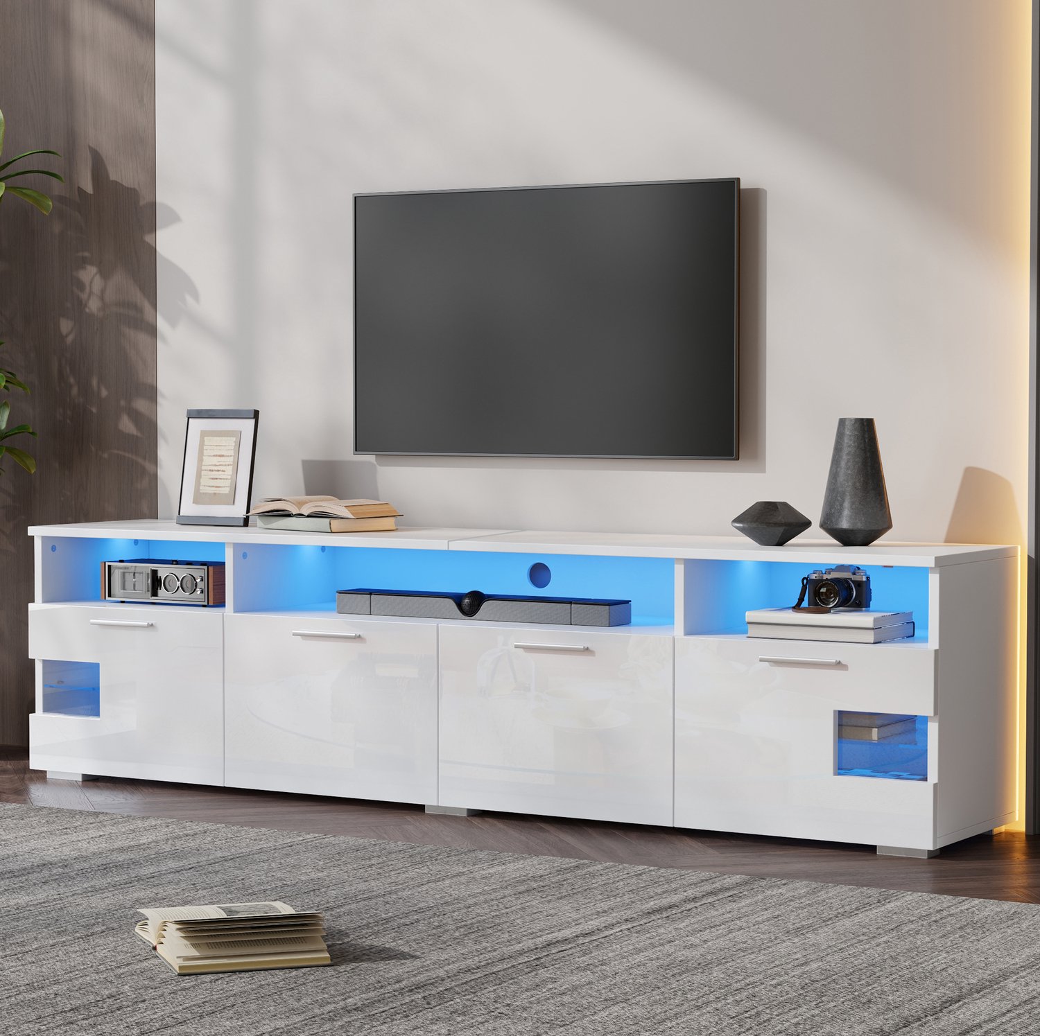 HAUSS SPOLE Tv-meubel - Ledverlichting en 4 Deuren - Voor Woonkamer en Tv's tot 75 Inch - Mdf en Spaanplaat - 180x35x45 cm - Wit