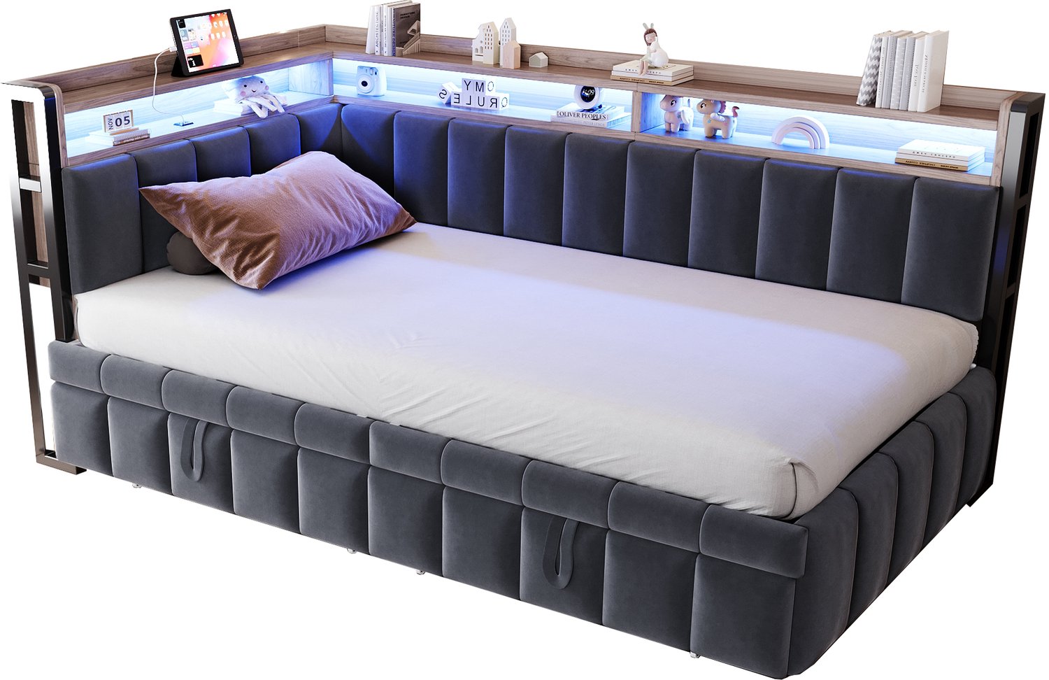 MUVANO Slaapbank 90x200 met onderschuifbed - Eenpersoonsbed - LED en USB-C - Fluwelen bekleding met opbergvakken - Voor woonkamer en logeerkamer - Donkergrijs