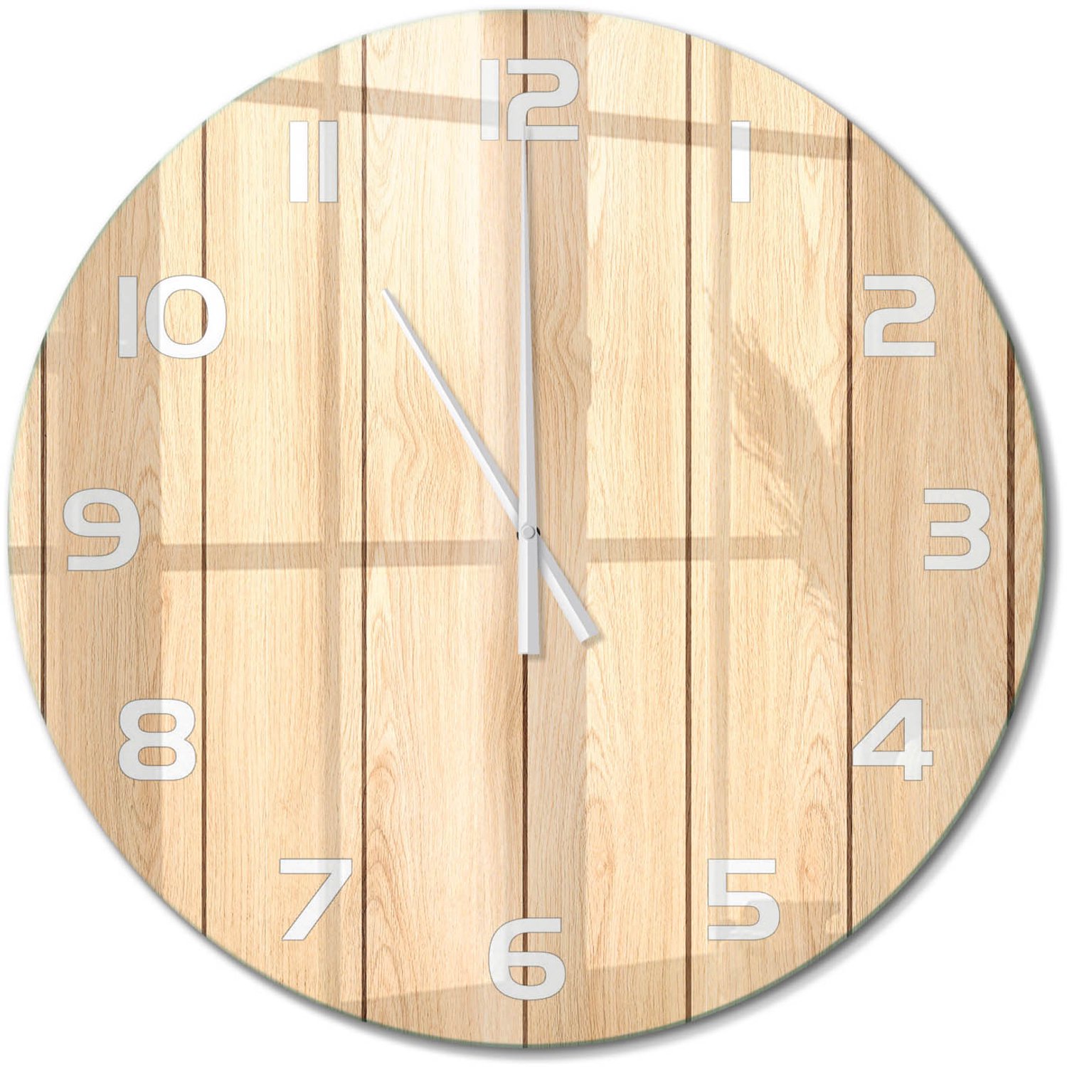 TULUP Wandklok - Houten achtergrond Moderne Wandklok Glas - fi60 cm - Beige Wandklok Glas Decoratie - Witte handen - Ronde Klok - Glazen Wandklok Design - Klok Glas Met Opdruk