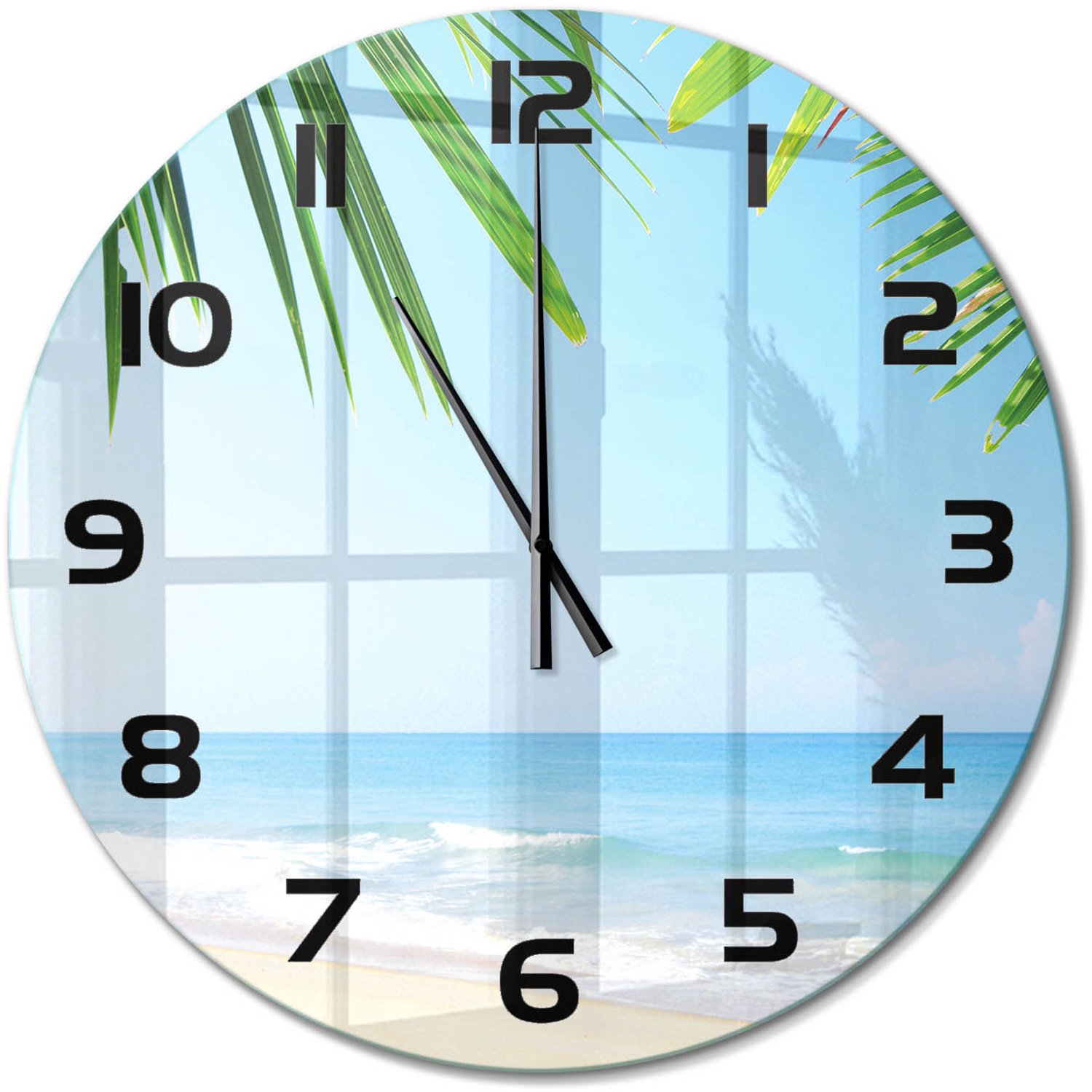 TULUP Wandklok - Tropisch strand Wandklok Glas Decoratie - fi60 cm - Groente Gekleurde Glazen Klok - Zwarte handen - Ronde Klok - Klok Glas Met Opdruk - Moderne Wandklok Glas