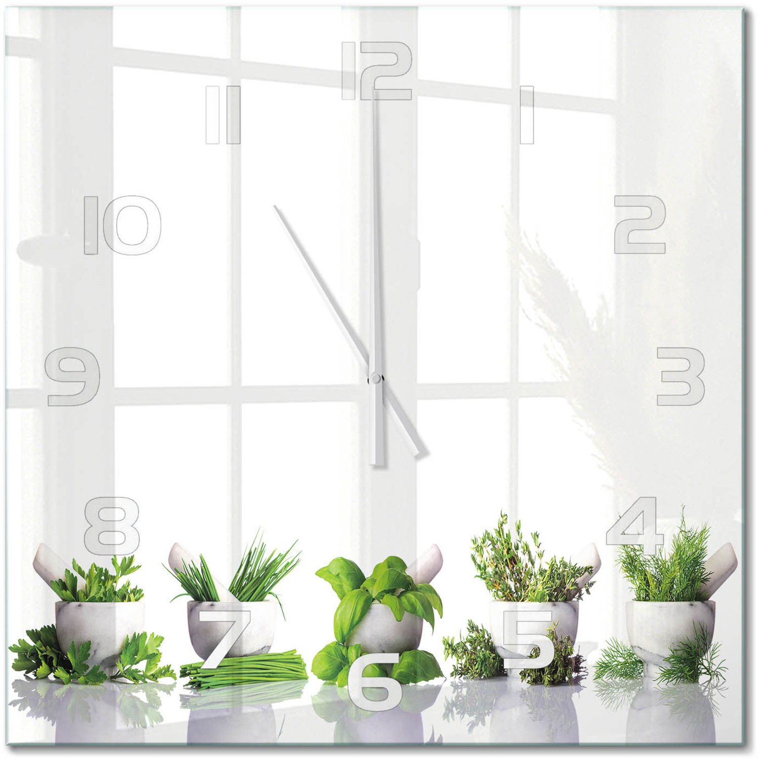 TULUP Wandklok - Kruiden Glazen Wandklok Design - 60x60 cm - Groente Klok Glas Met Opdruk - Witte handen - Vierkante Klok - Wandklok Glas Met Motief - Decoratieve Glazen Klok