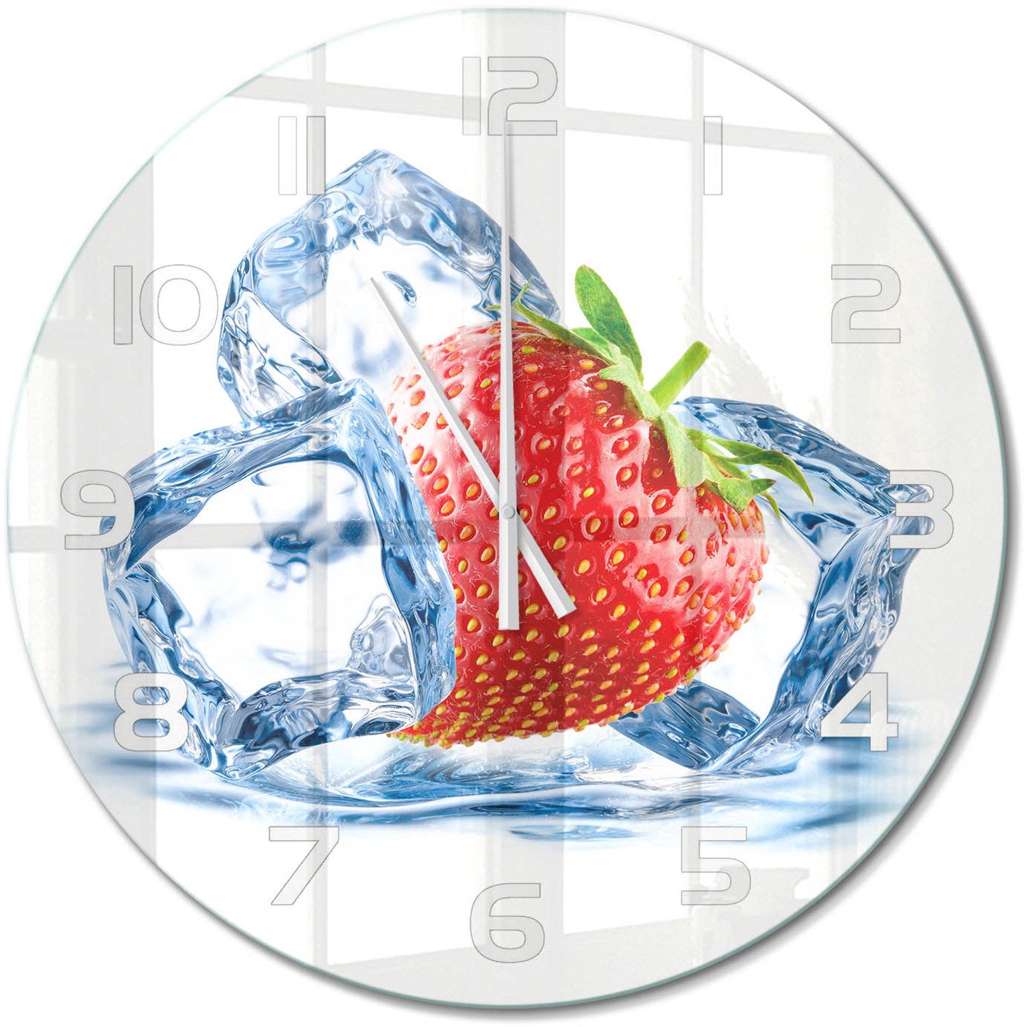 TULUP Wandklok - Aardbei met ijs Moderne Wandklok Glas - fi60 cm - Rood Wandklok Glas Decoratie - Witte handen - Ronde Klok - Glazen Wandklok Design - Klok Glas Met Opdruk