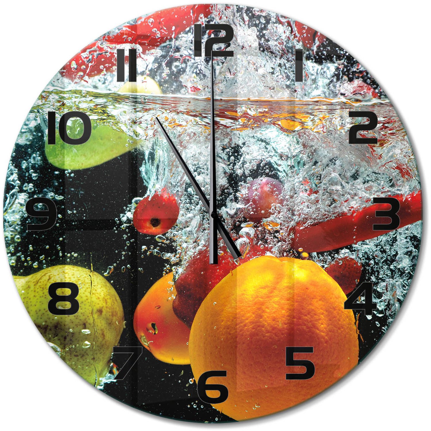 TULUP Wandklok - Fruit onder water Klok Glas Met Opdruk - fi60 cm - Veelkleurig Moderne Wandklok Glas - Zwarte handen - Ronde Klok - Decoratieve Glazen Klok - Glazen Wandklok Design