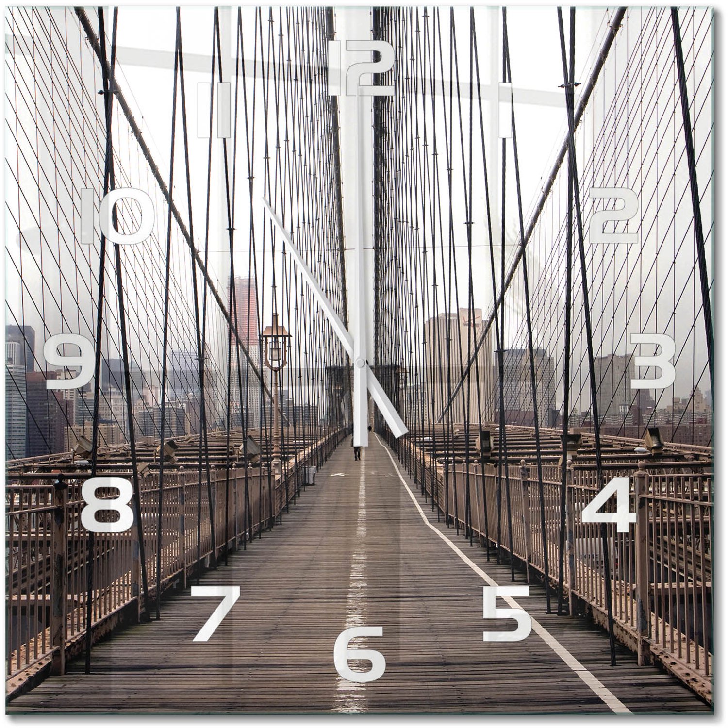 TULUP Wandklok - Brooklynbrug Wandklok Glas Decoratie - 60x60 cm - Bruin Gekleurde Glazen Klok - Witte handen - Vierkante Klok - Klok Glas Met Opdruk - Moderne Wandklok Glas