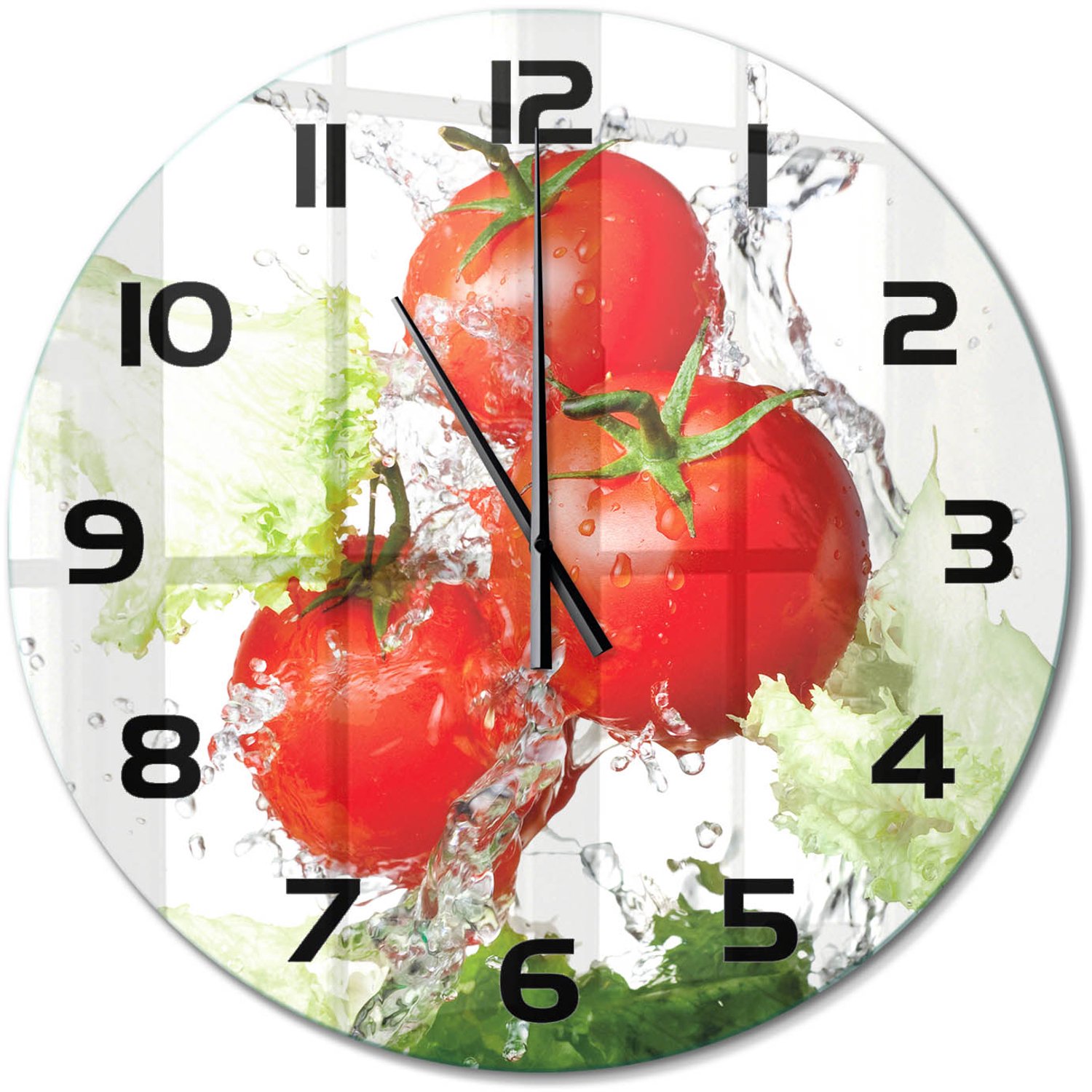 TULUP Wandklok - Tomaten en sla Wandklok Glas Decoratie - fi60 cm - Rood Gekleurde Glazen Klok - Zwarte handen - Ronde Klok - Klok Glas Met Opdruk - Moderne Wandklok Glas