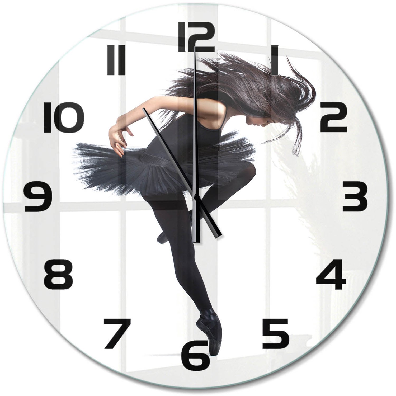 TULUP Wandklok - Ballerina Glazen Klok Met Print - fi60 cm - Zwart Wandklok Glas Met Motief - Zwarte handen - Ronde Klok - Wandklok Glas Decoratie - Gekleurde Glazen Klok