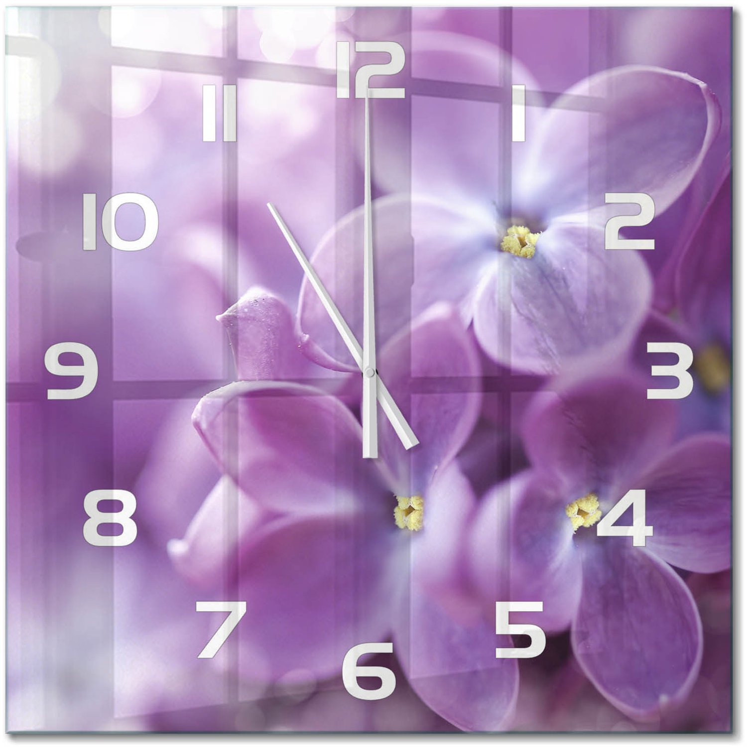 TULUP Wandklok - Paarse bloemen Klok Glas Met Opdruk - 60x60 cm - Paars Moderne Wandklok Glas - Witte handen - Vierkante Klok - Decoratieve Glazen Klok - Glazen Wandklok Design