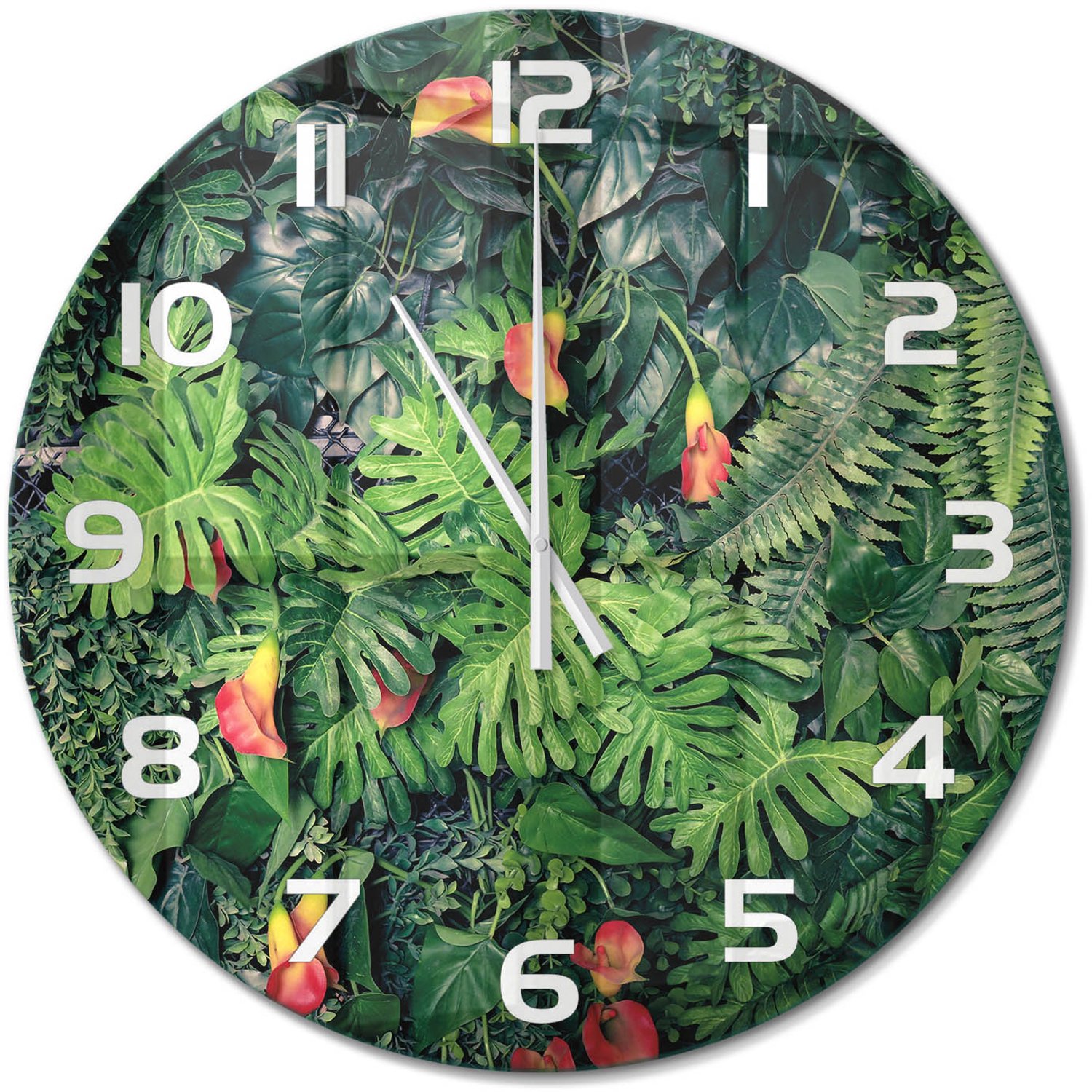 TULUP Wandklok - Exotische jungle Klok Glas Met Opdruk - fi60 cm - Groente Moderne Wandklok Glas - Witte handen - Ronde Klok - Decoratieve Glazen Klok - Glazen Wandklok Design