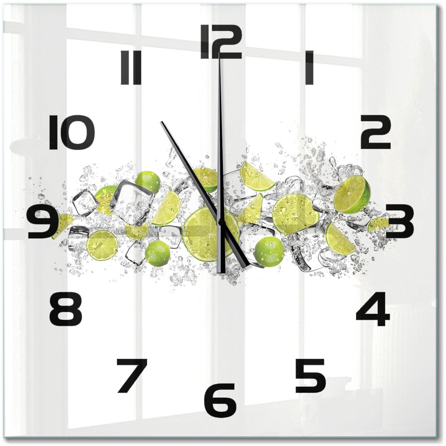 TULUP Wandklok - Limoenijsblokjes Gekleurde Glazen Klok - 60x60 cm - Groente Glazen Klok Met Print - Zwarte handen - Vierkante Klok - Moderne Wandklok Glas - Wandklok Glas Decoratie