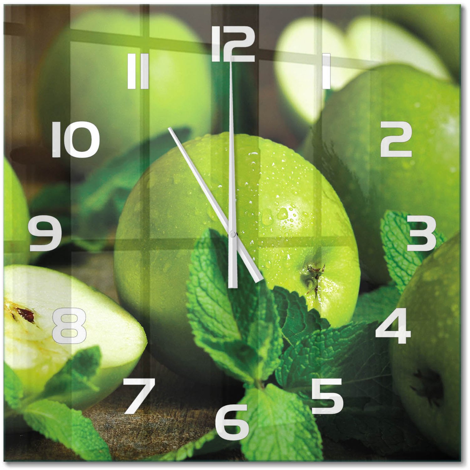 TULUP Wandklok - Groene appels Glazen Klok Met Print - 60x60 cm - Groente Wandklok Glas Met Motief - Witte handen - Vierkante Klok - Wandklok Glas Decoratie - Gekleurde Glazen Klok