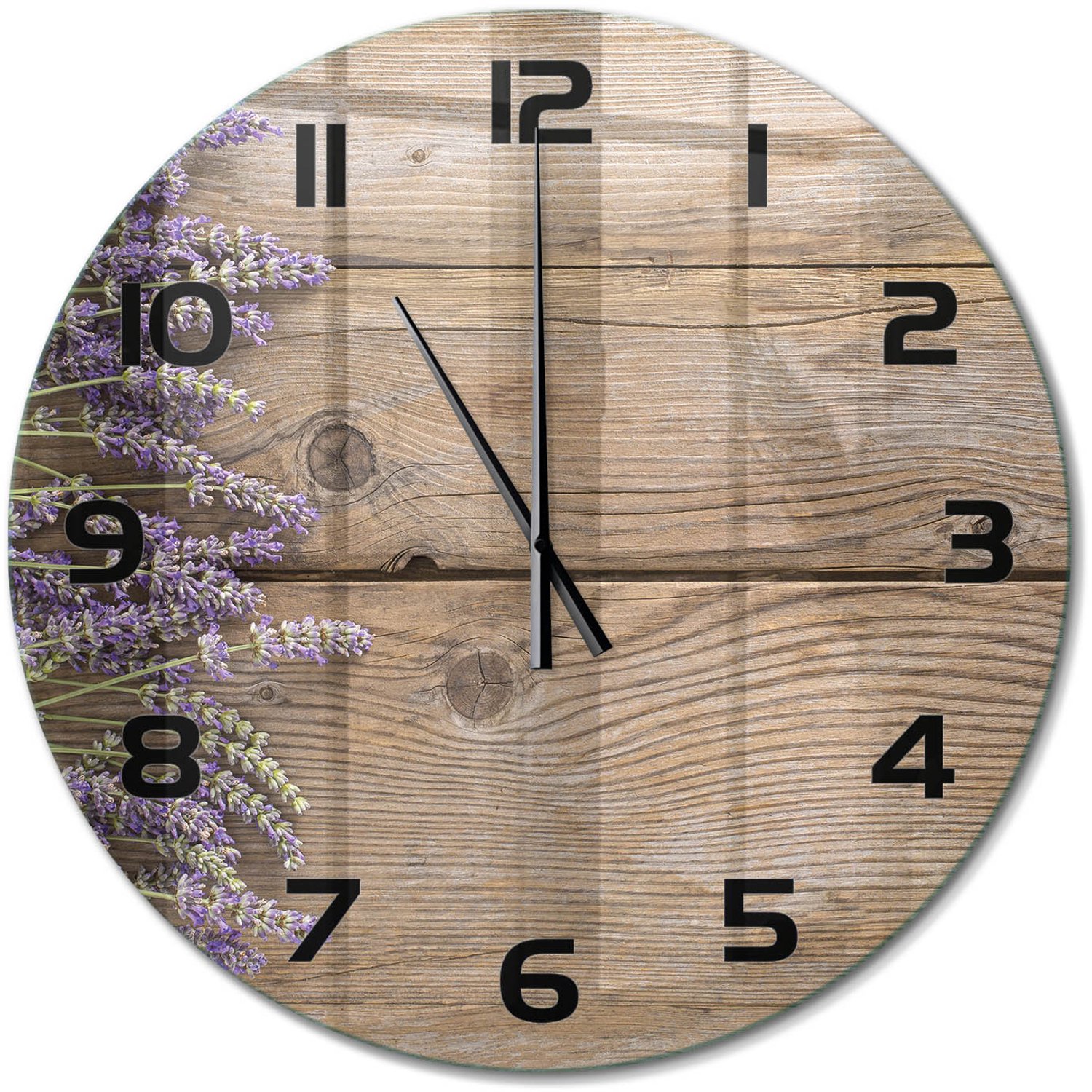 TULUP Wandklok - Lavendel op hout Wandklok Glas Met Motief - fi60 cm - Bruin Decoratieve Glazen Klok - Zwarte handen - Ronde Klok - Gekleurde Glazen Klok - Glazen Klok Met Print