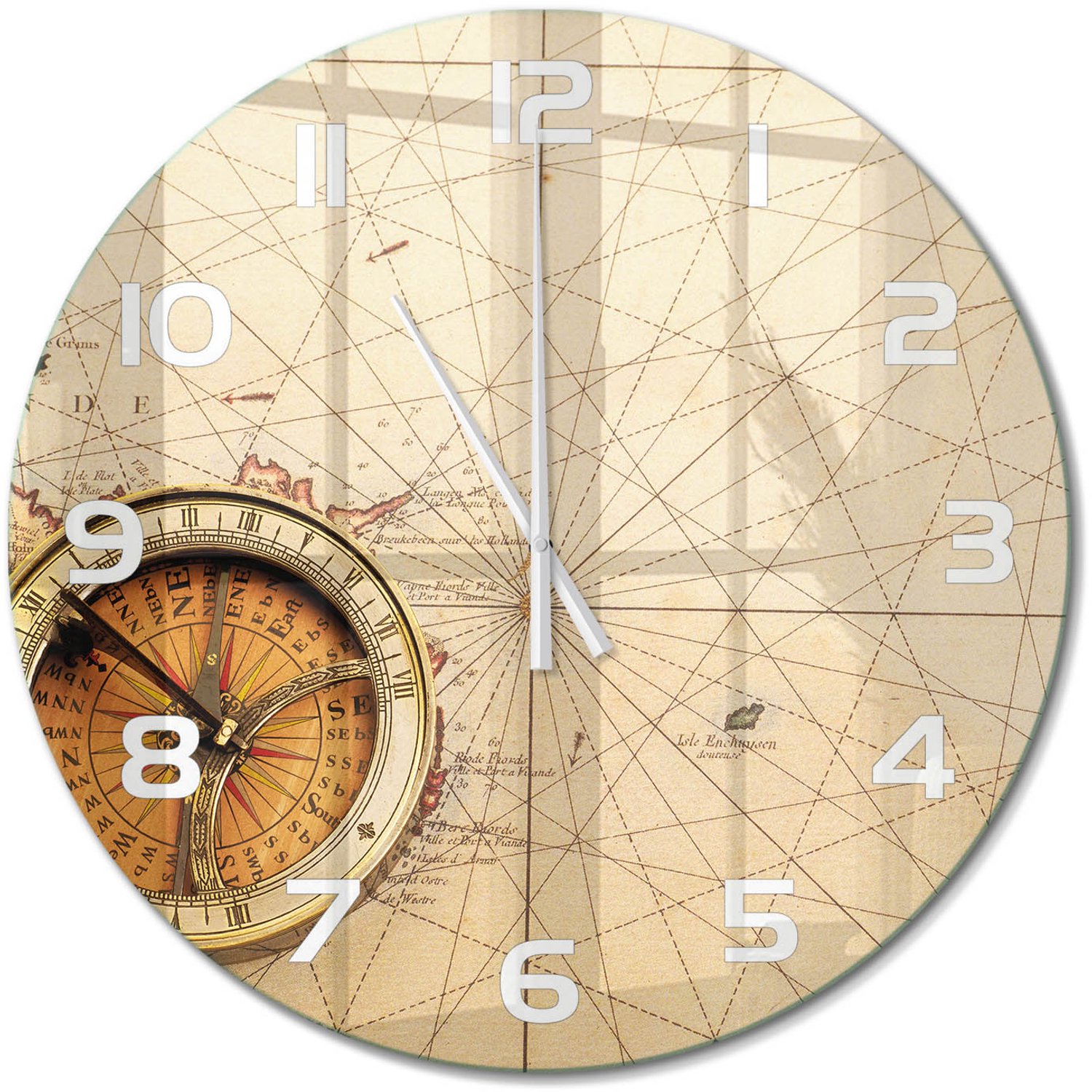 TULUP Wandklok - Kompas op de kaart Klok Glas Met Opdruk - fi60 cm - Beige Moderne Wandklok Glas - Witte handen - Ronde Klok - Decoratieve Glazen Klok - Glazen Wandklok Design