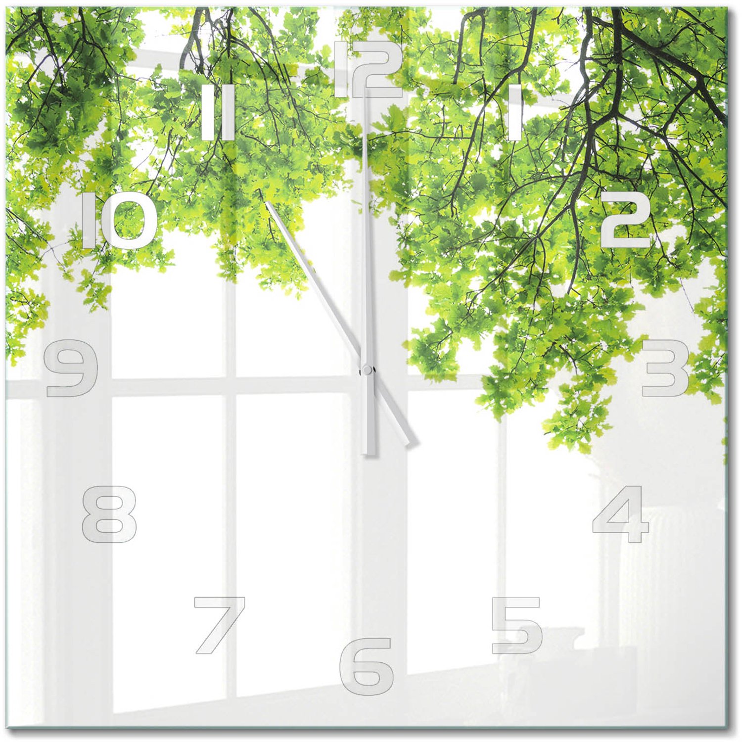 TULUP Wandklok - Eikenbladeren Decoratieve Glazen Klok - 60x60 cm - Groente Glazen Wandklok Design - Witte handen - Vierkante Klok - Glazen Klok Met Print - Wandklok Glas Met Motief