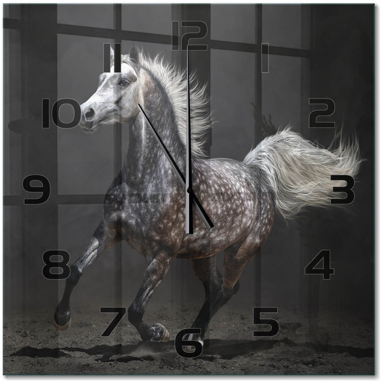 TULUP Wandklok - Grijze Arabische Paard Gekleurde Glazen Klok - 60x60 cm - Zwart Glazen Klok Met Print - Zwarte handen - Vierkante Klok - Moderne Wandklok Glas - Wandklok Glas Decoratie